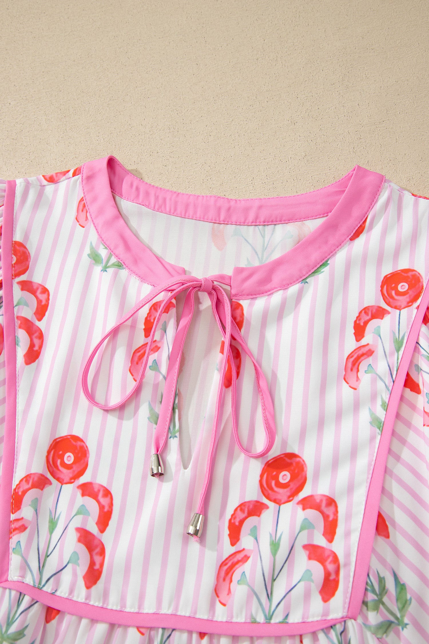 Floral Striped Tie Neck Puff Sleeve Mini Dress – Light Blue & Pink