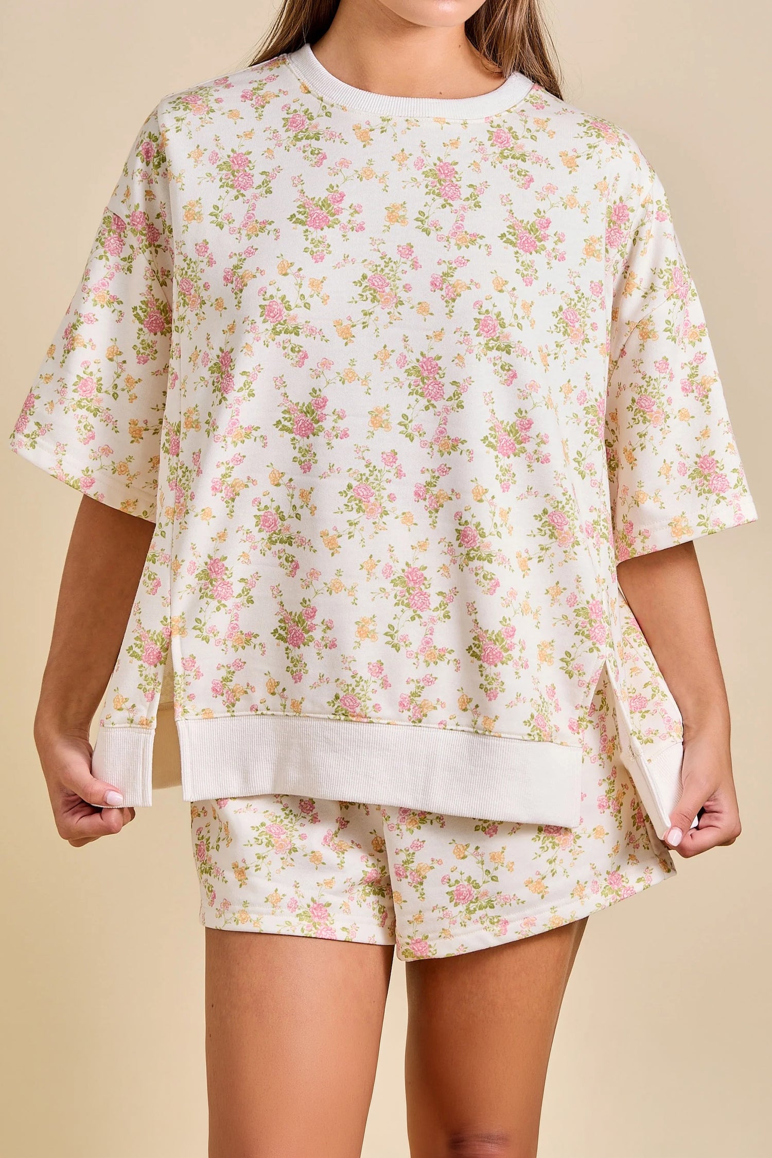 Floral Print Short Sleeve Elastic Waist Pocket Two Piece Set – Sky Blue