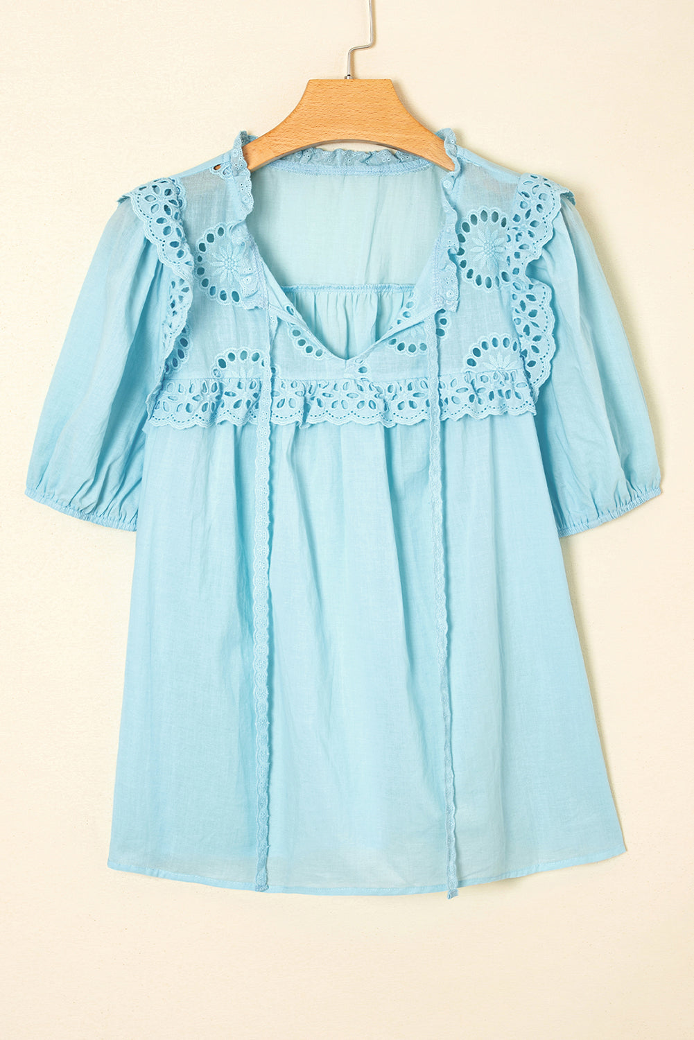 Blue Embroidered Lace Patchwork Tie Neck Puff Short Sleeve Blouse eAura