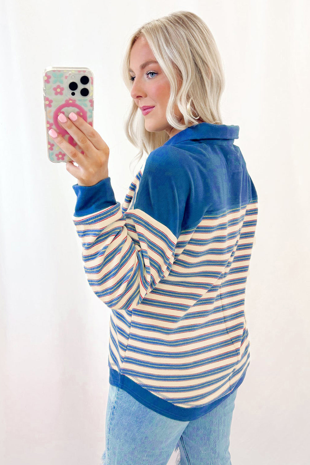 Blue Stripe Buttoned V Neck Collared Drop Shoulder Top BB Fashion Outlet