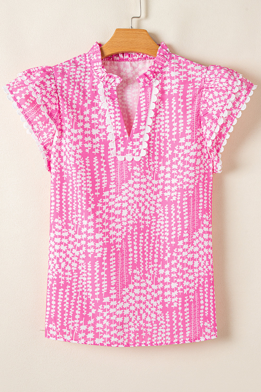 Pink Abstract Print Ric Rac Trim Flutter Sleeve Notch V Neck Blouse eAura