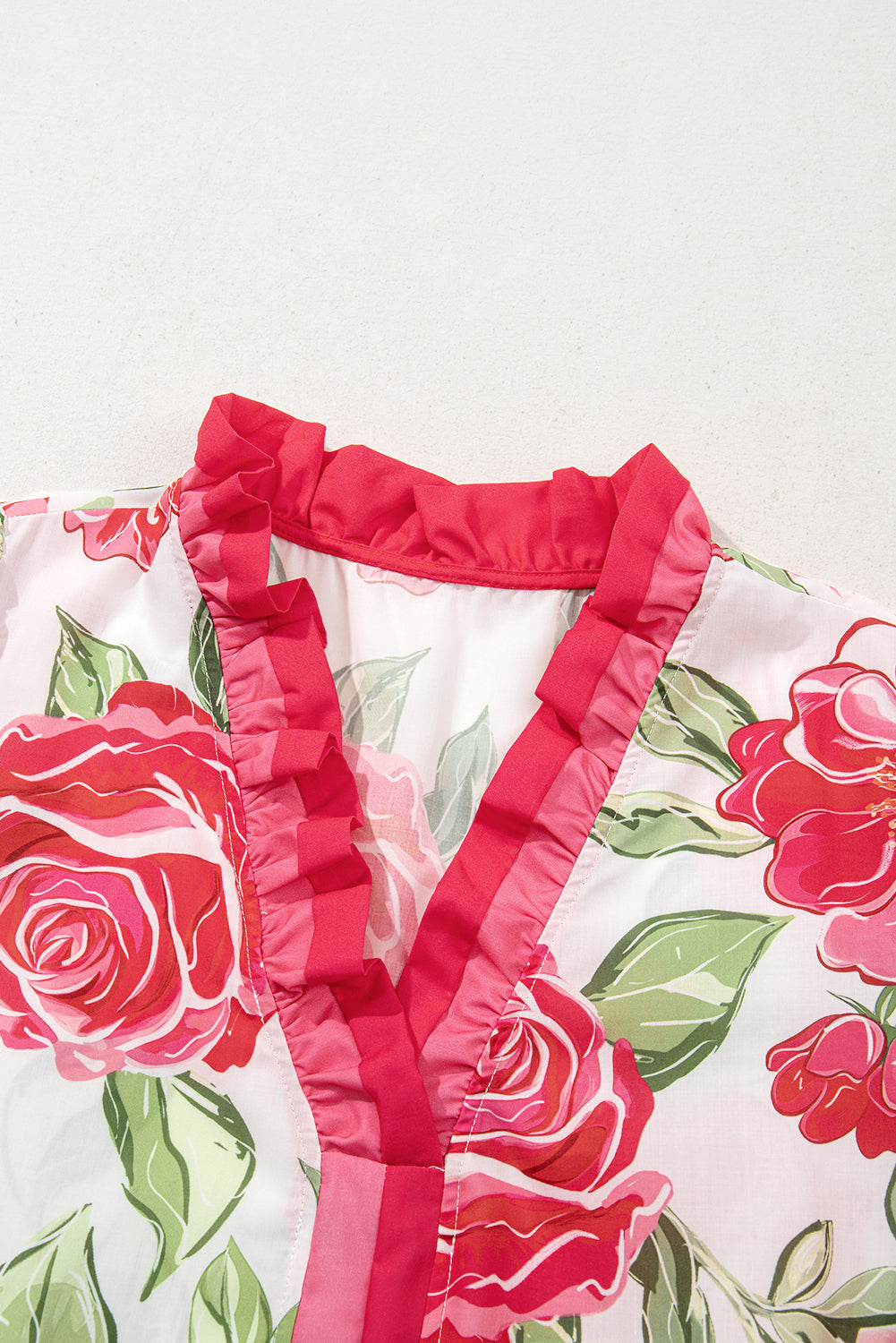 Plus Size Floral Print Frilled Stripe Short Sleeve Blouse – Rose