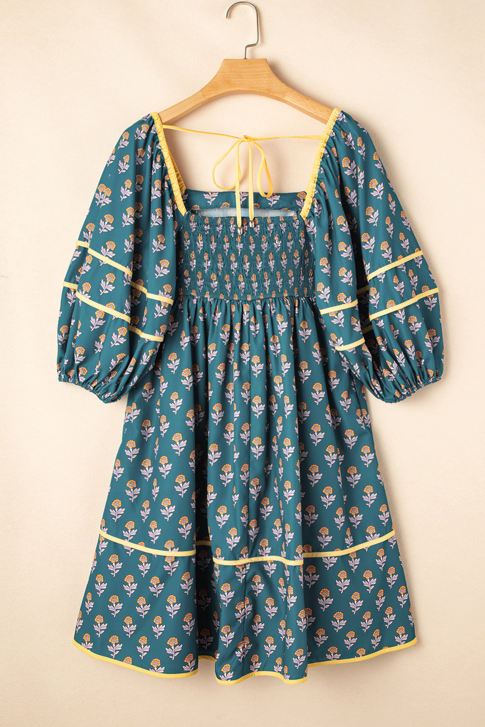 Skobeloff Floral Contrast Trim Square Neck Puff Sleeve Dress eAura