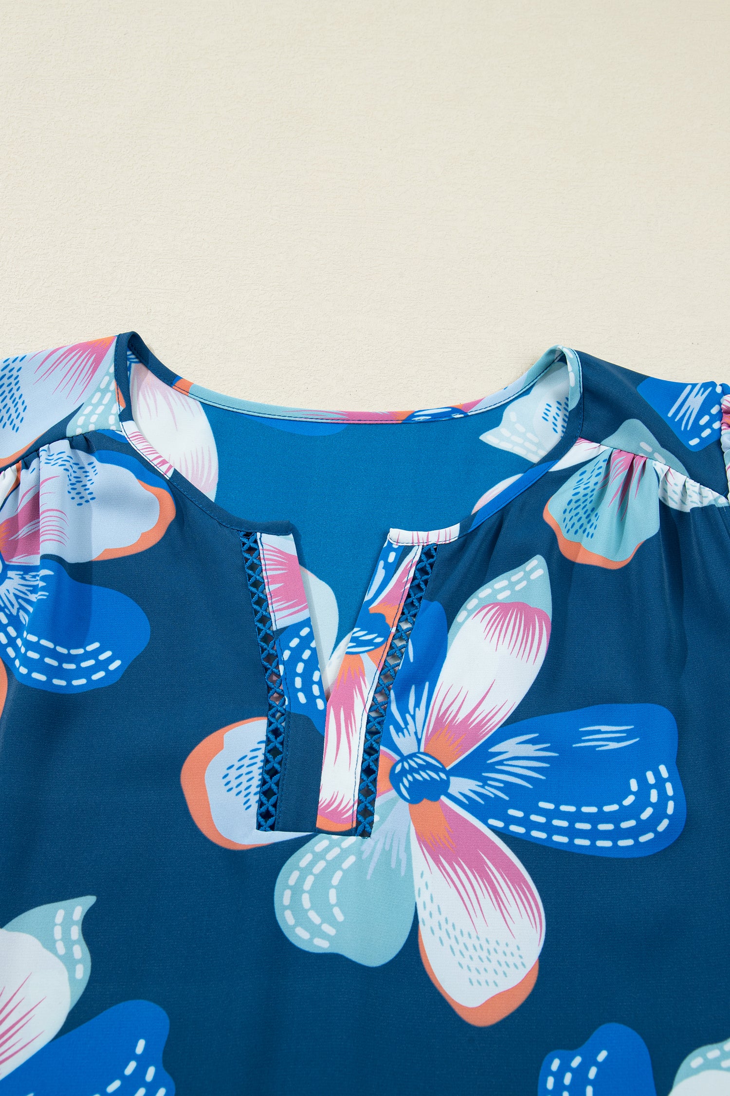 Blue Floral Print Short Puff Sleeve Ruffle Hem Belted Long Dress