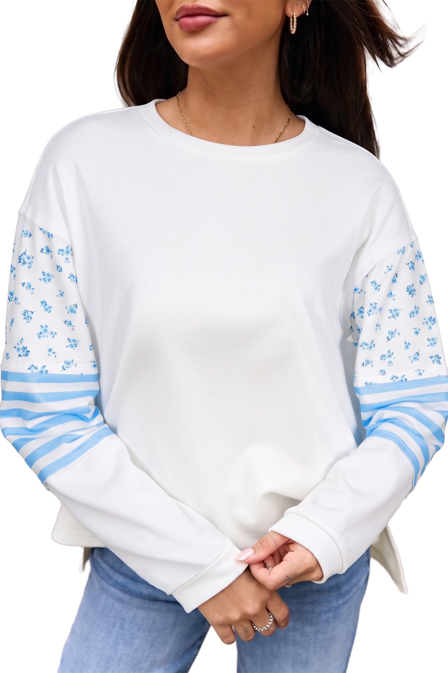 Floral Striped Long Sleeve Contrasted Pullover Top – Beige