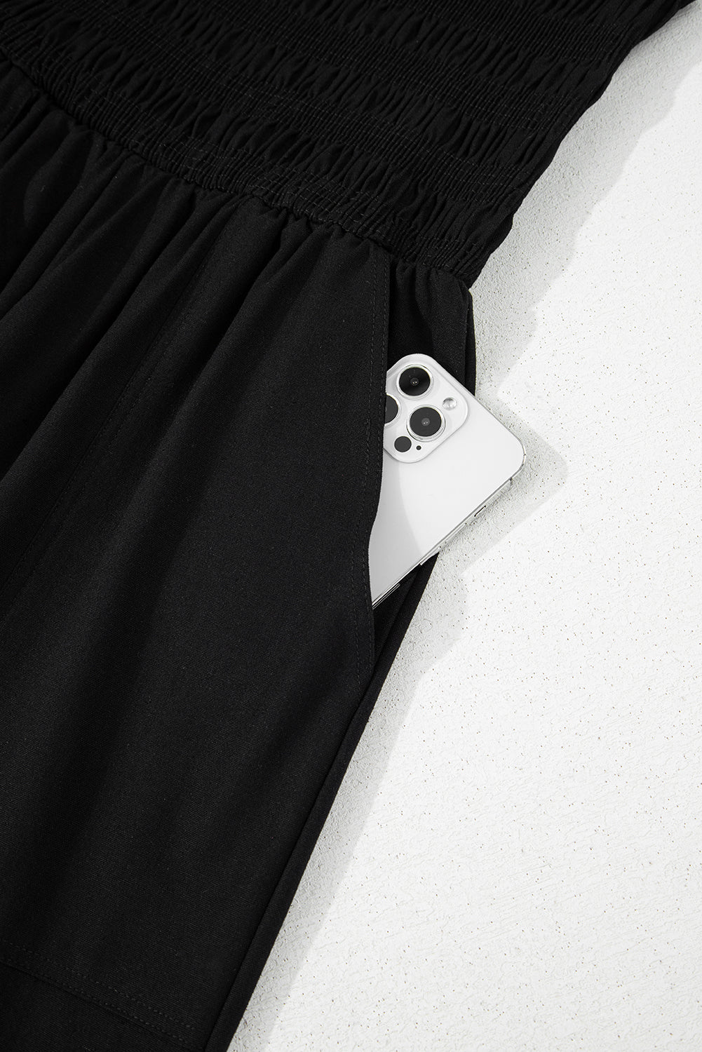 Black Spaghetti Straps Shirred Bodice Pocketed Wide Leg Jumpsuit eAura
