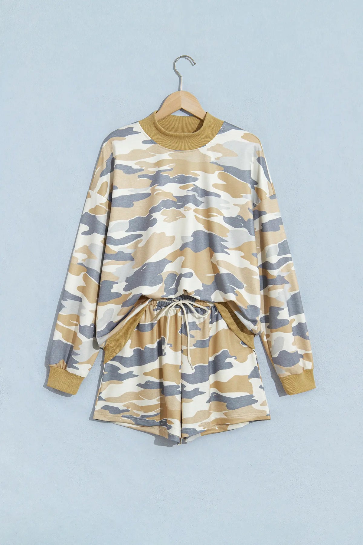 Camouflage Print Long Sleeve Top Drawstring Shorts Set
