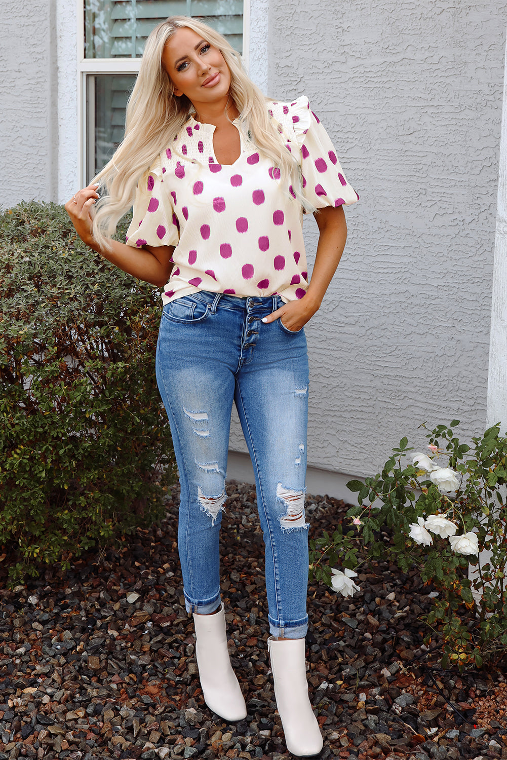 Rose Polka Dot Print Shirred Yoke Notched Neck Balloon Sleeve Blouse eAura