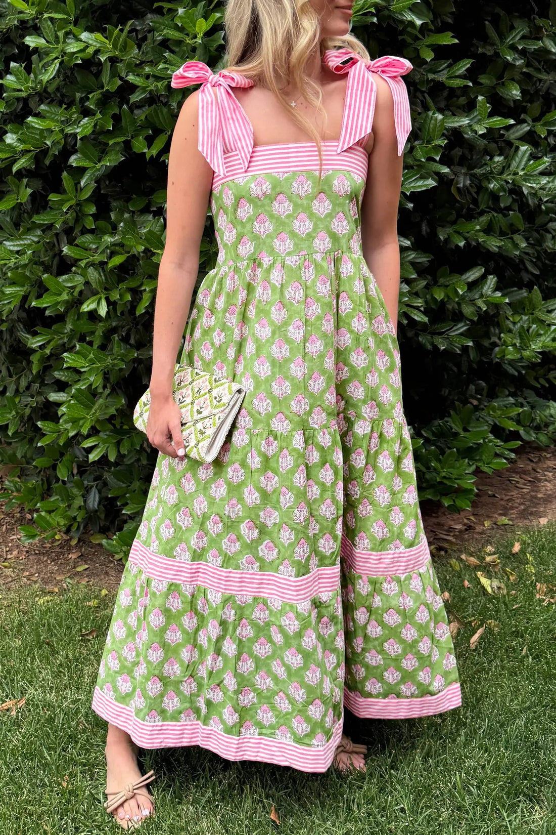 Floral Print Striped Knot Strap Smocked Maxi Dress