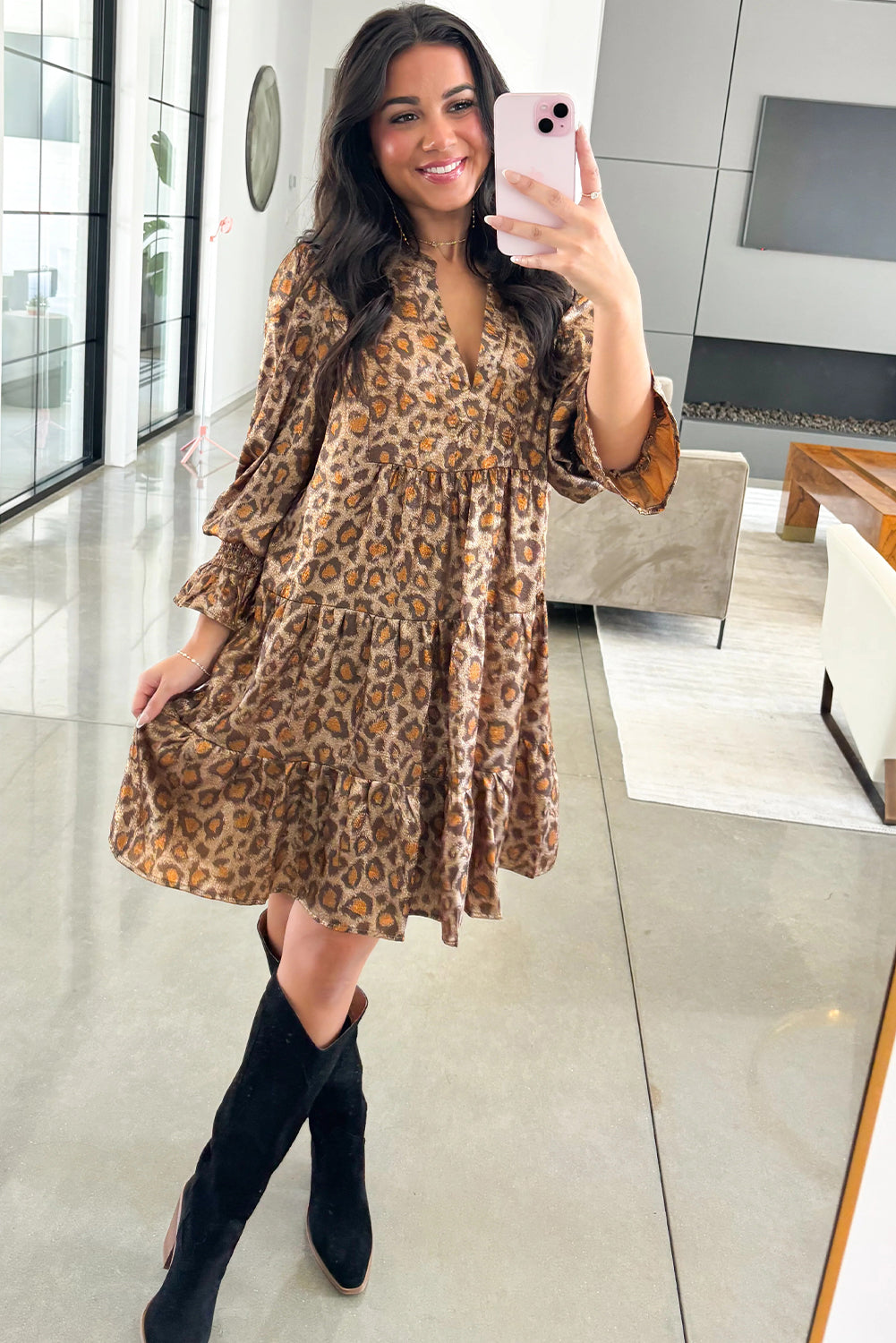 Leopard Print V-Neck Ruffled Sleeve Tiered Loose Mini Dress - eAura