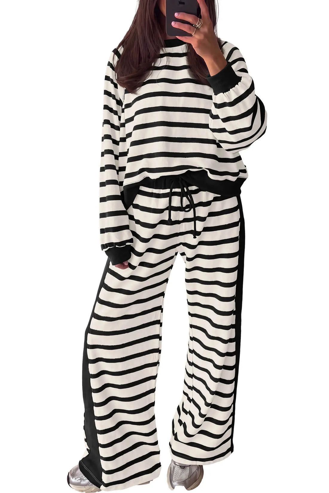 Relaxed Long Sleeve Top Colour Block Detail Drawstring Pant Set – Beige Stripe
