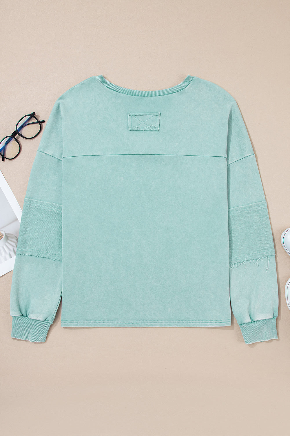 Mineral Wash Exposed Seam Buttoned V-Neck Pullover Top eAura