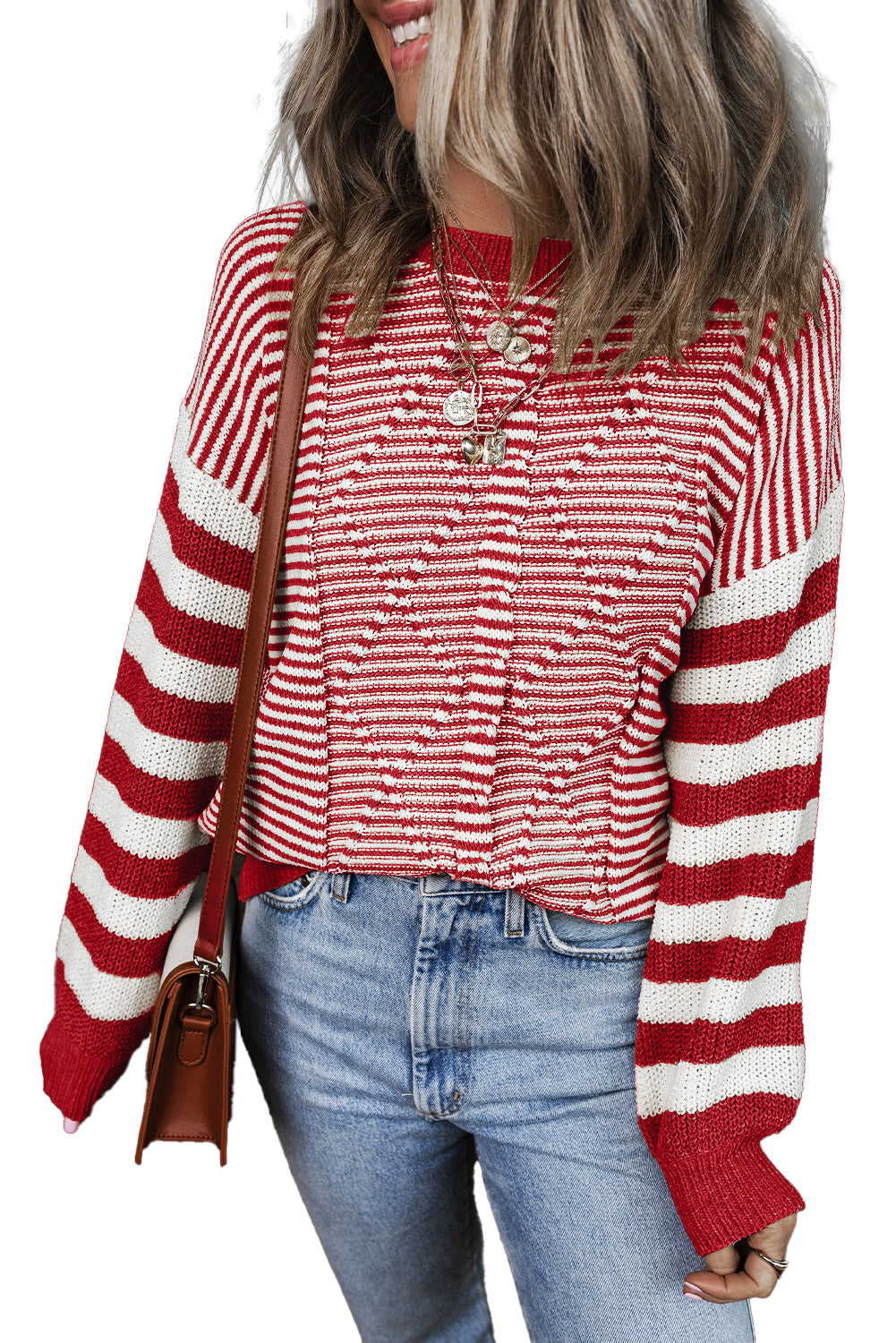 Red Stripe Geometric Textured Drop Shoulder Sweater eAura