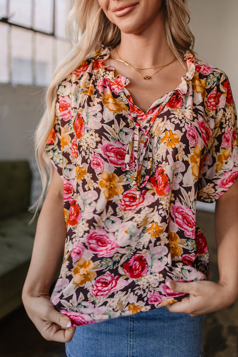Pink Floral Print Crew Neck Short Sleeve Shift Blouse eAura