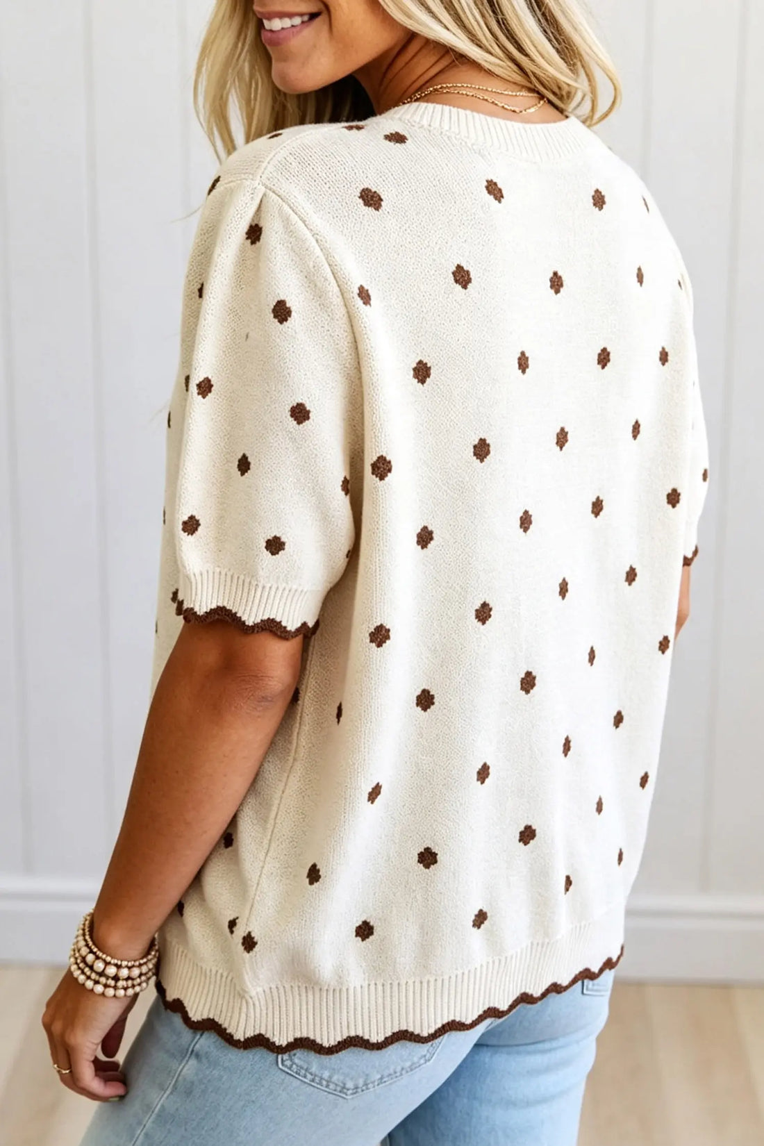 Casual Polka Dot Short Sleeve Round Neck Shift Sweater