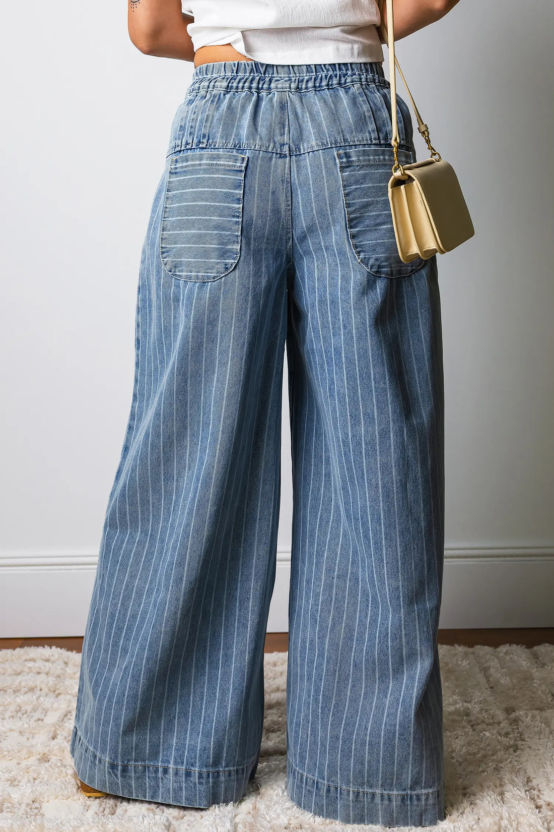 Button Pleated Drawstring Waist Casual Wide Leg Jeans – Sky Blue Stripe