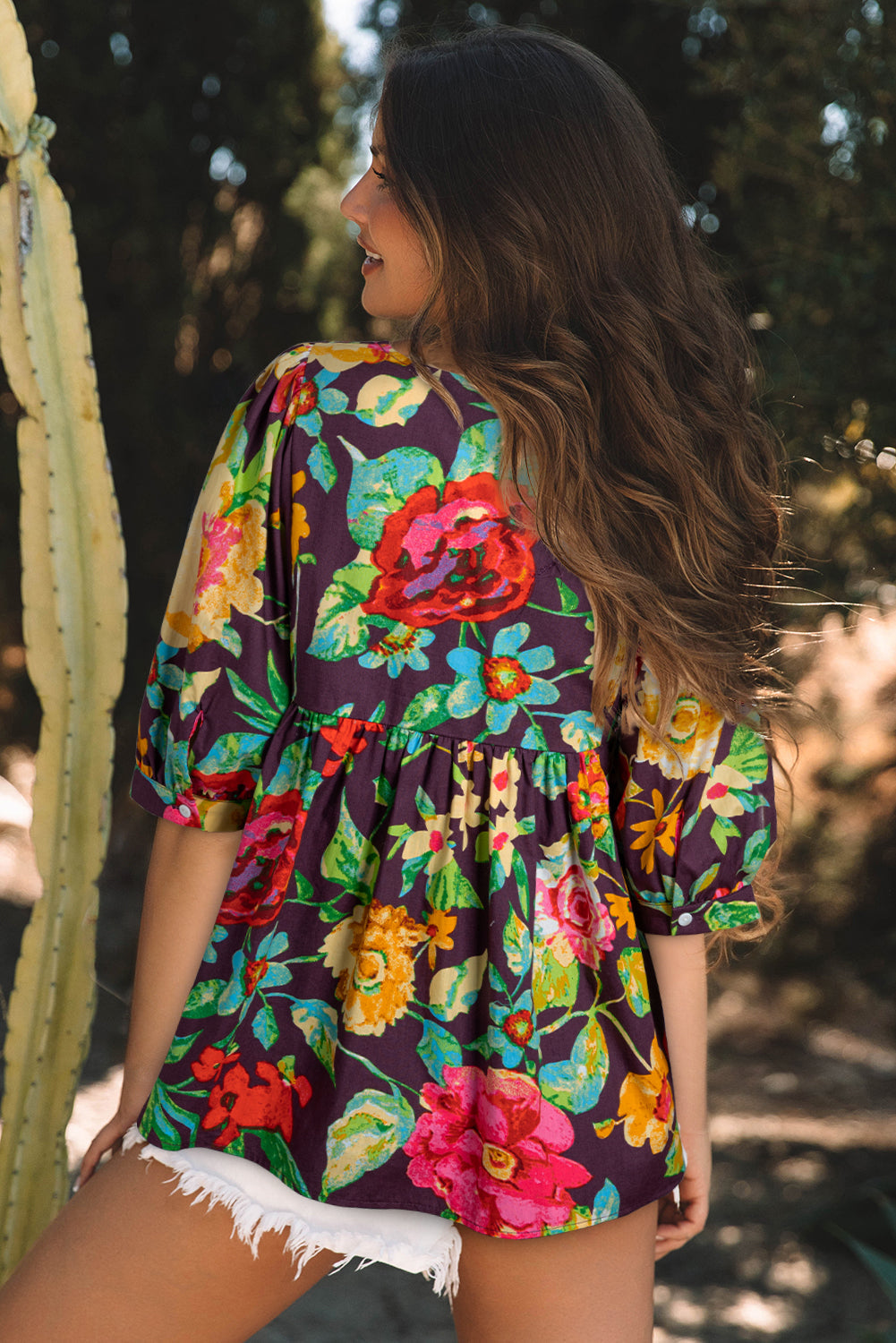 Greyish Purple Rose Flower Embroidered Trim Half Sleeve Blouse eAura