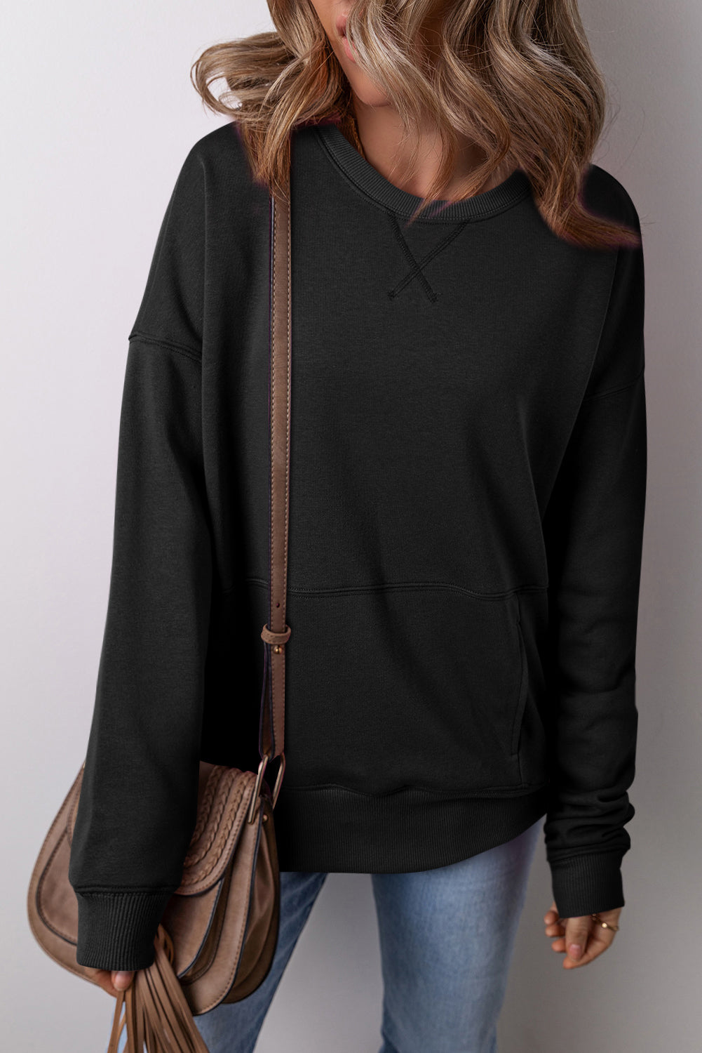Black Drop Shoulder Crisscross Stitching Pocketed Loose Sweatshirt eAura