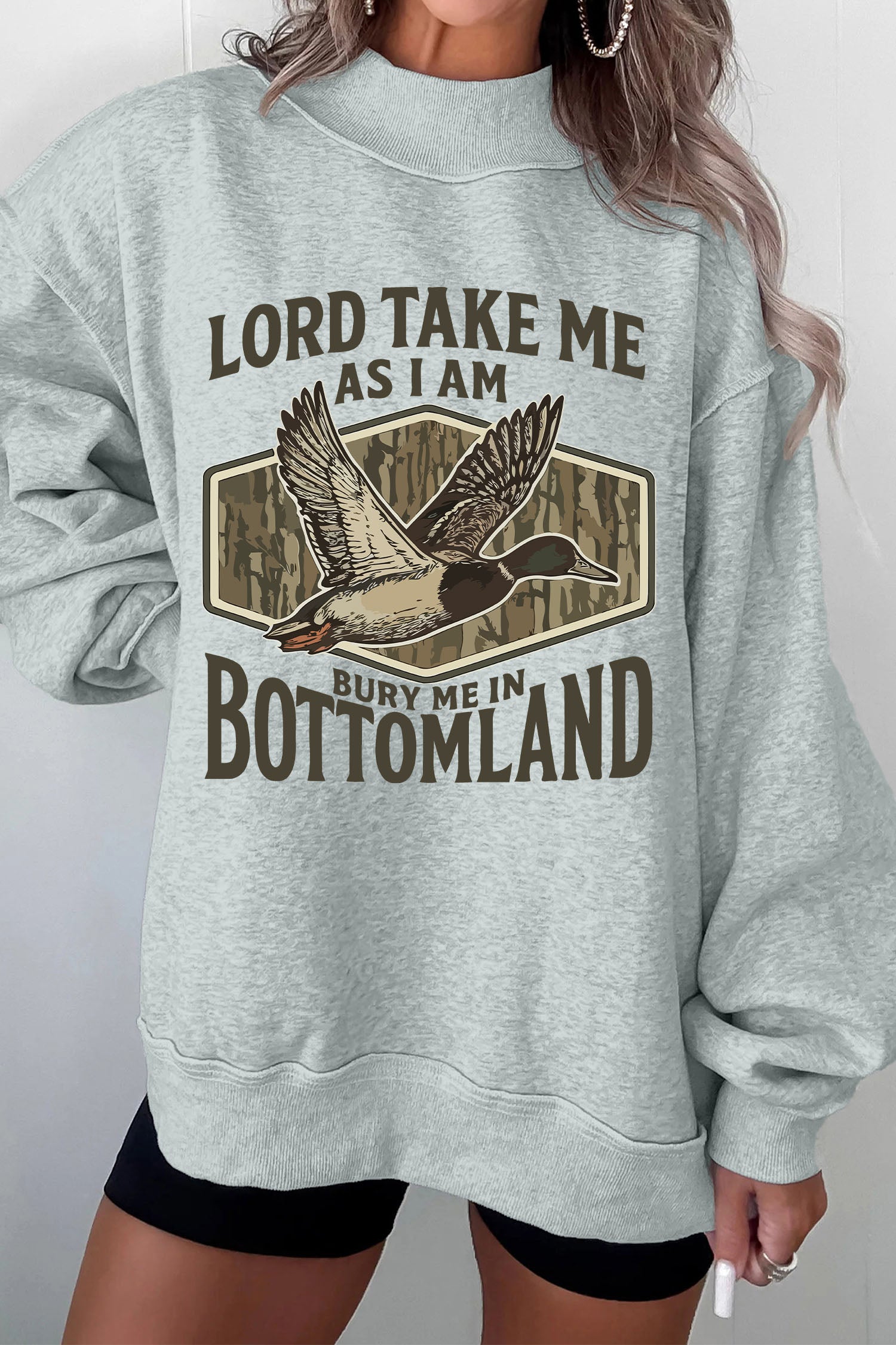 Exposed Seam Mock Neck Western Print Duck Sweatshirt – Gray
