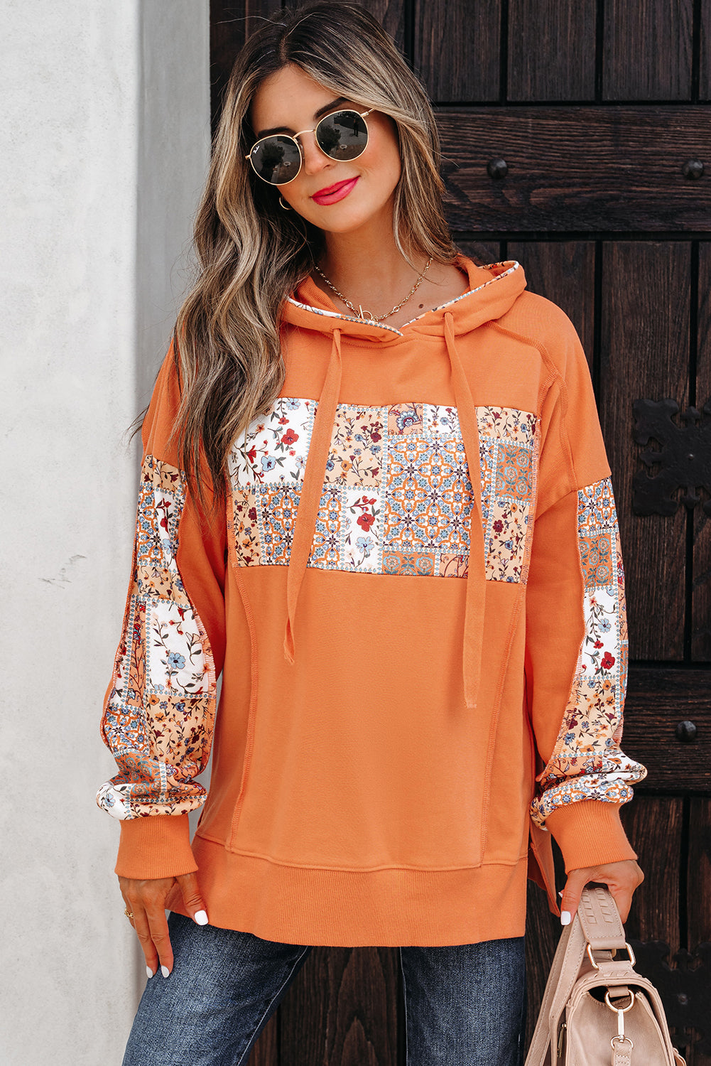 Mix Floral Patchwork Side Slit Drawstring Hoodie eAura