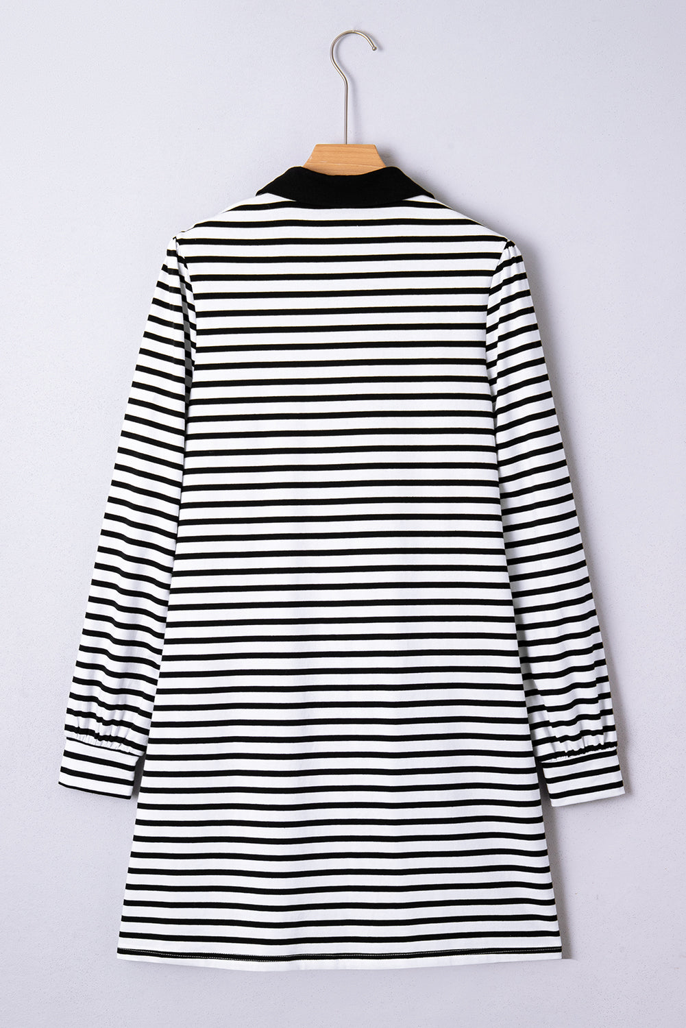 Striped Buttoned Front Collared Long Sleeve T Shirt Dress with Pockets - eAura