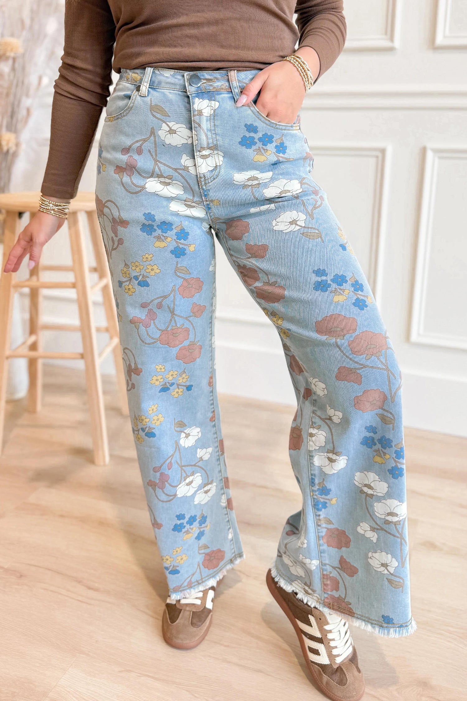 Blue Floral Printed Raw Hem Jeans