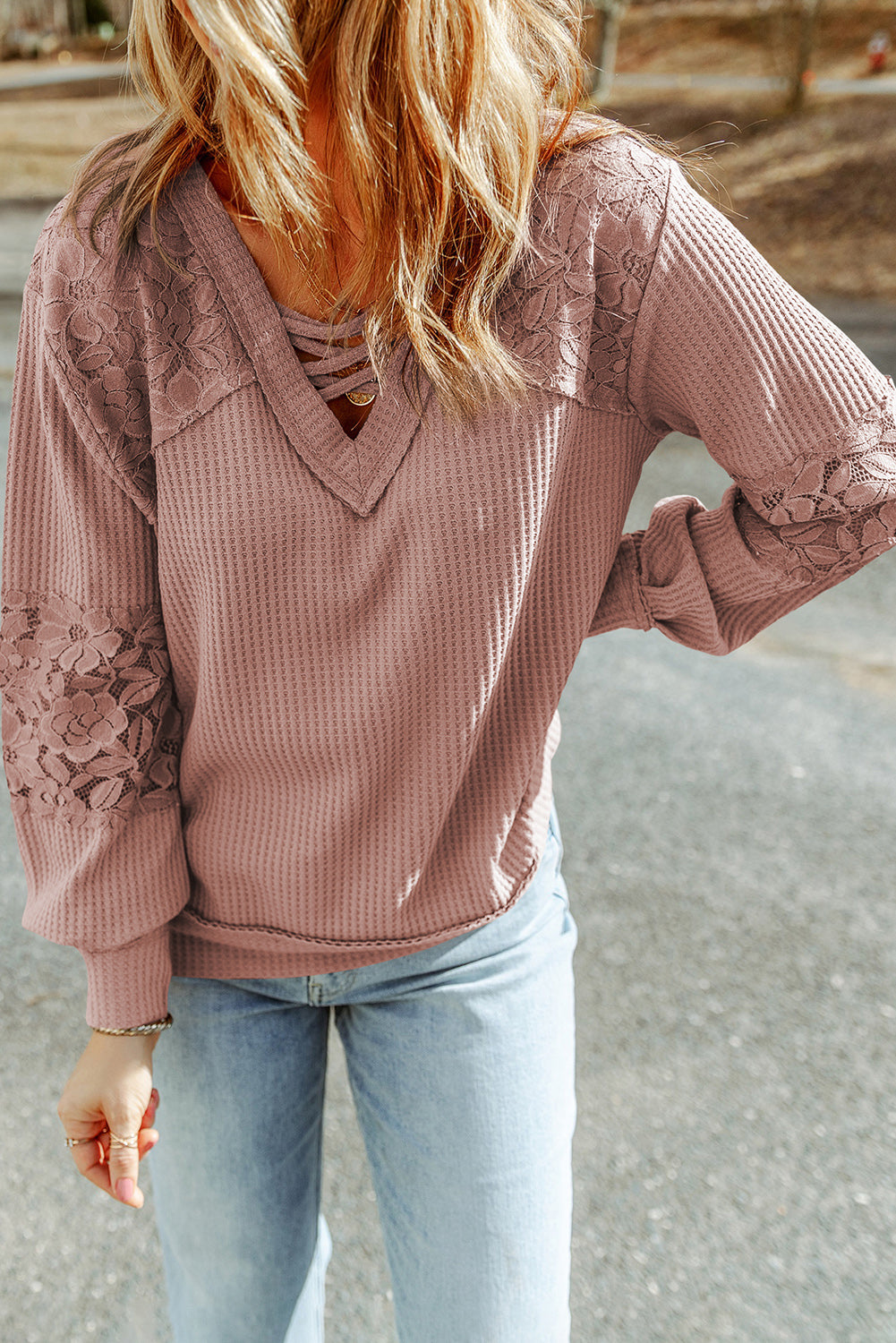 Apricot Lace Waffle Patchwork Strappy V Neck Long Sleeve Top eAura