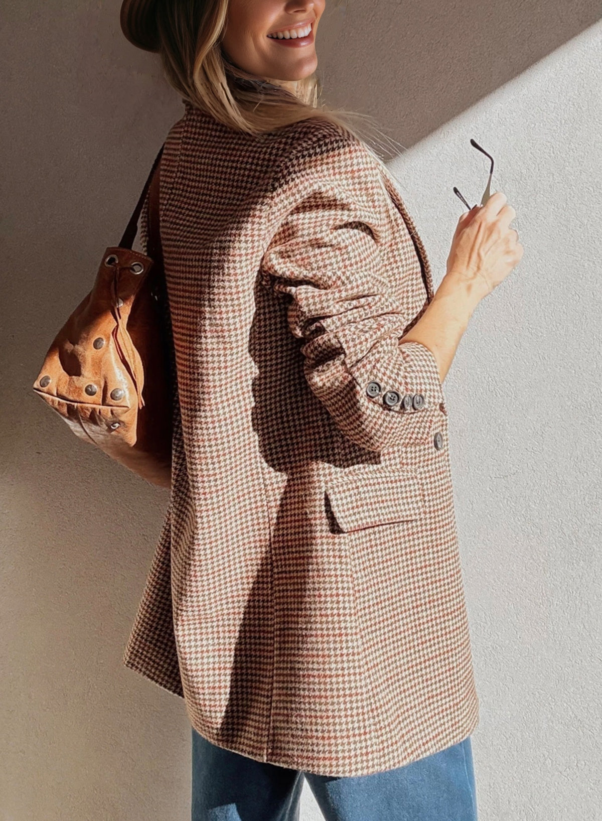 Brown Houndstooth Lapel Collar Blazer eAura
