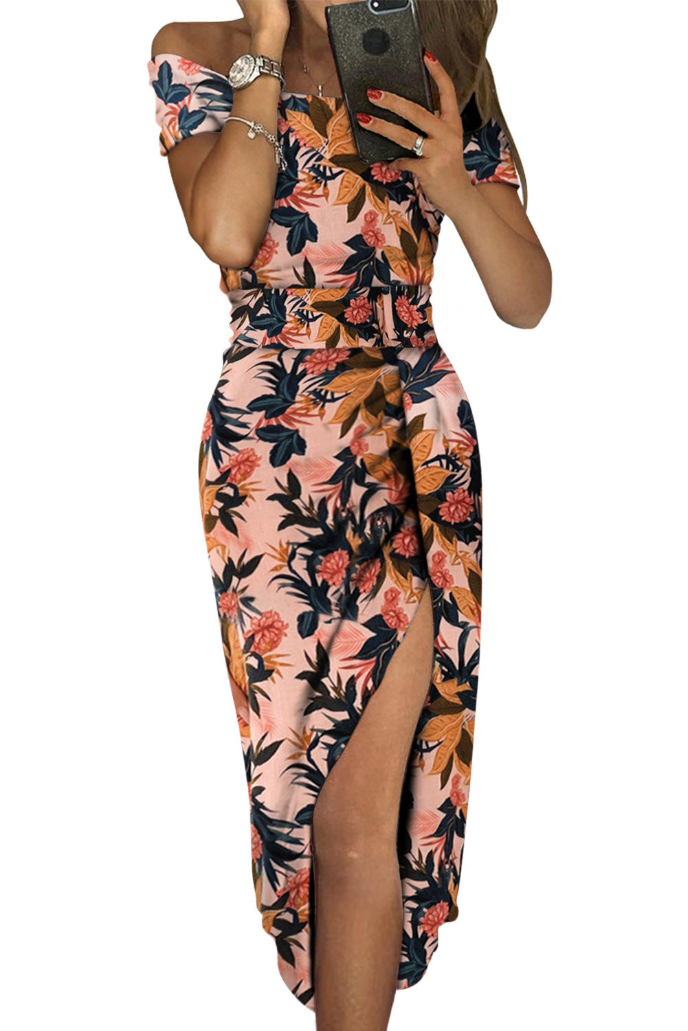 Black Pattern Print Off Shoulder Slit Bodycon Midi Dress BB Fashion Outlet