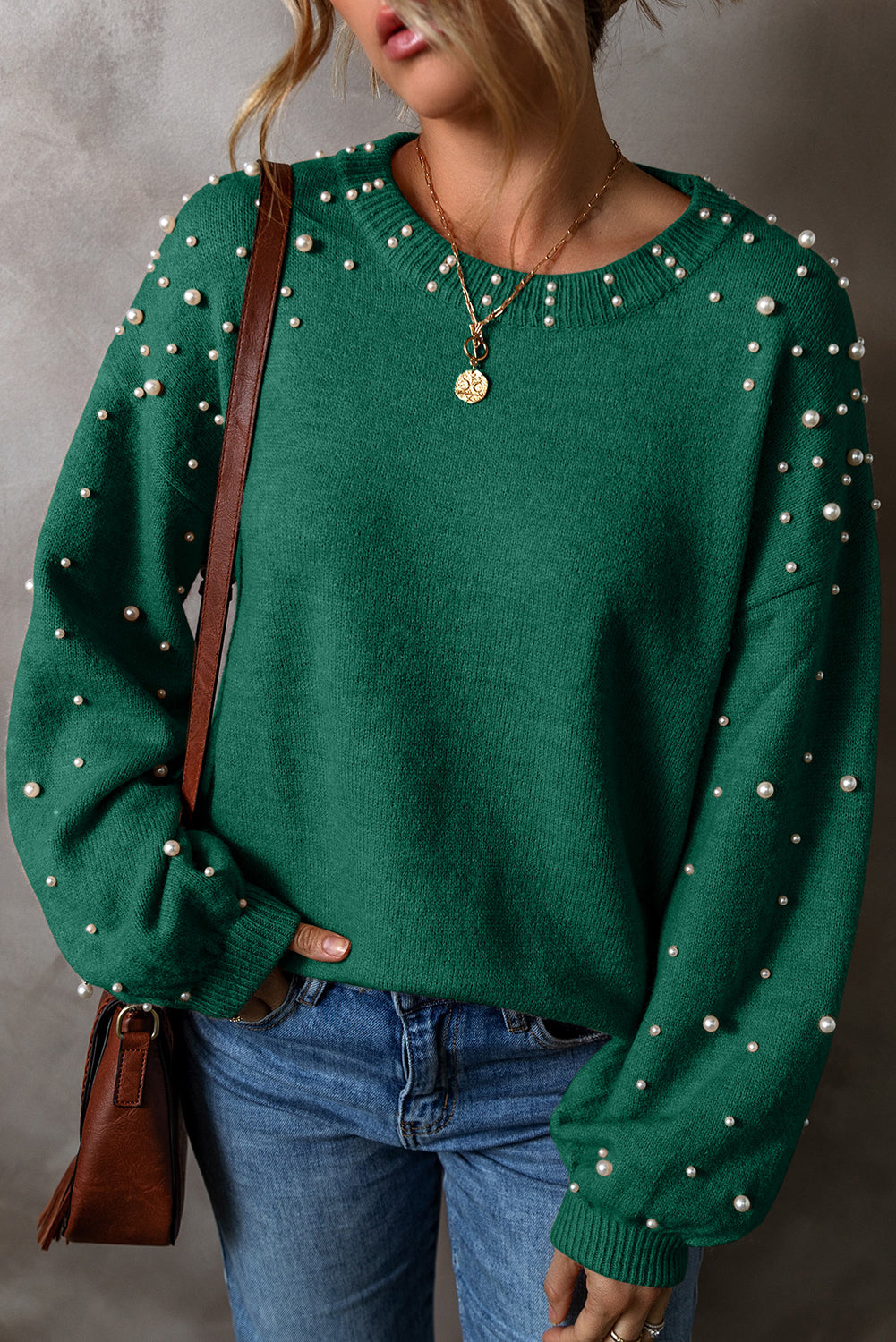 Evergreen Pearled Drop Shoulder Round Neck Sweater eAura