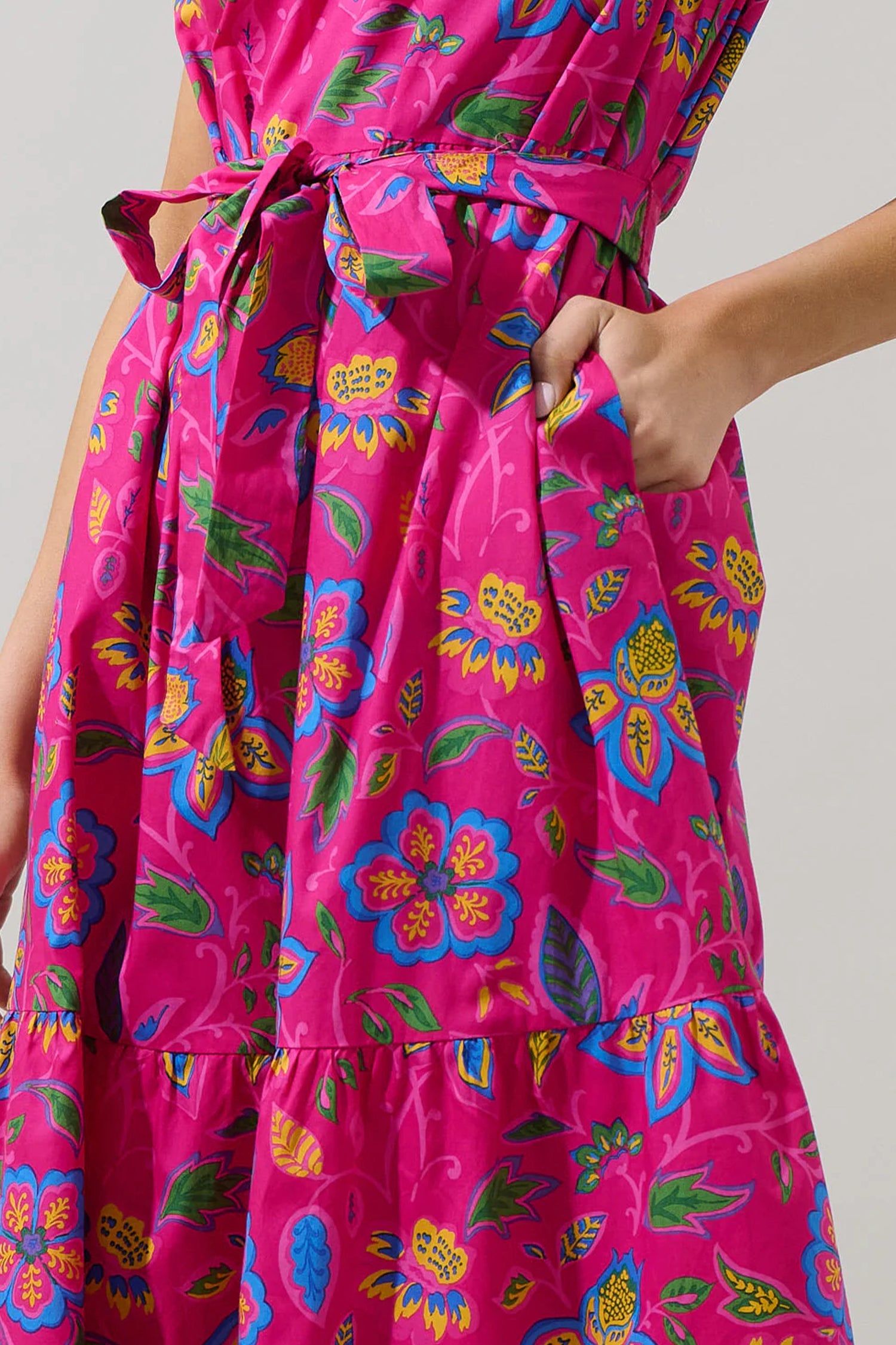Flutter Sleeve Belted Floral Long Dress