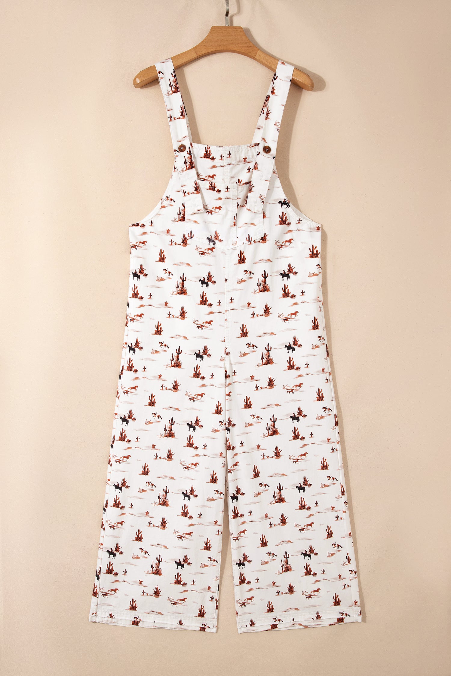 Western Printed Button Adjustable Straps Loose Jumpsuit Dungarees – Beige