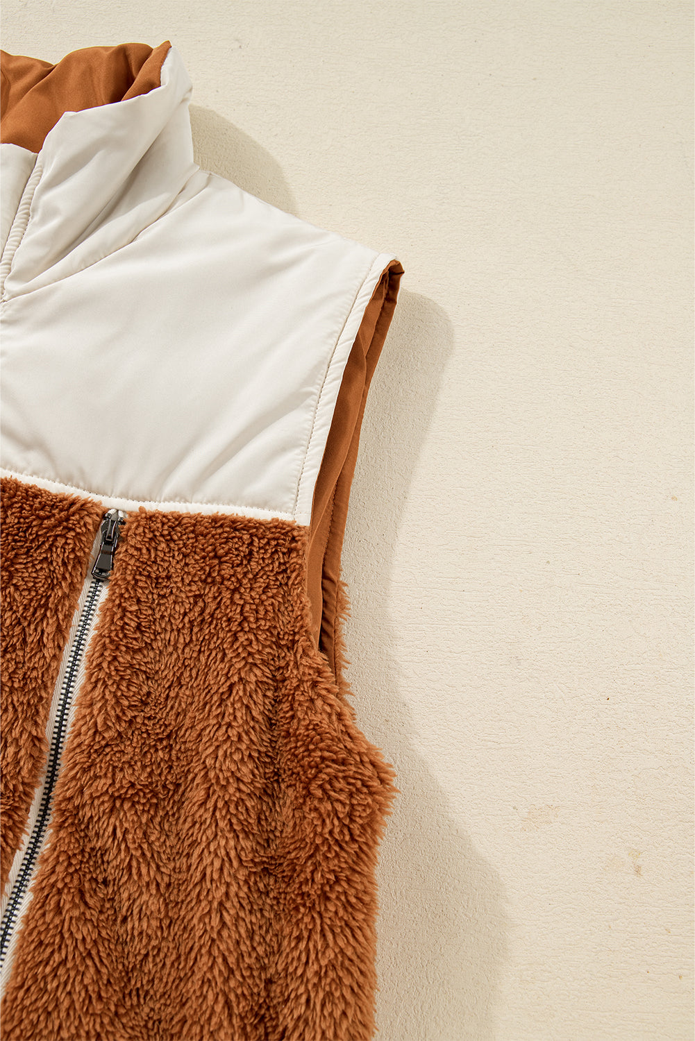 Plush Patchwork Zip Stand Neck Vest - eAura