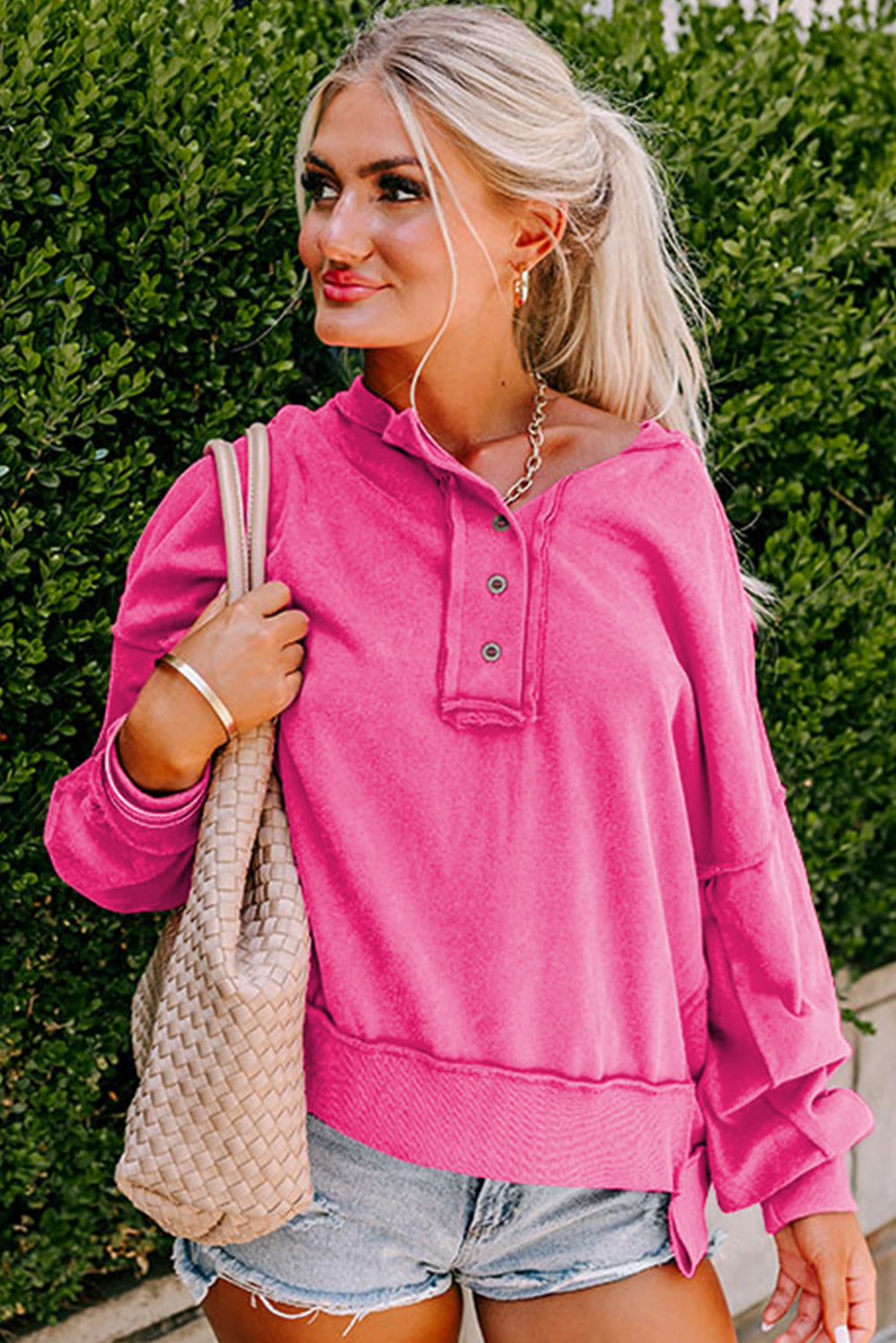 Drop Shoulder Henley Buttons Sweatshirt eAura