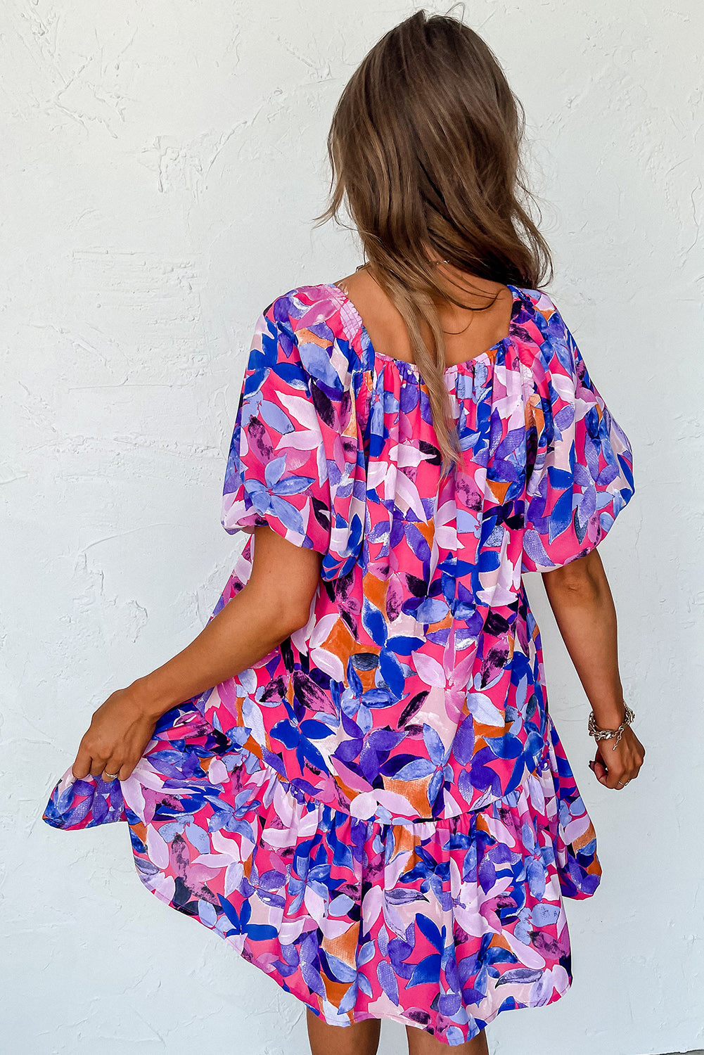 Purple Flower Print Short Puff Sleeve Ruffled Dress eAura