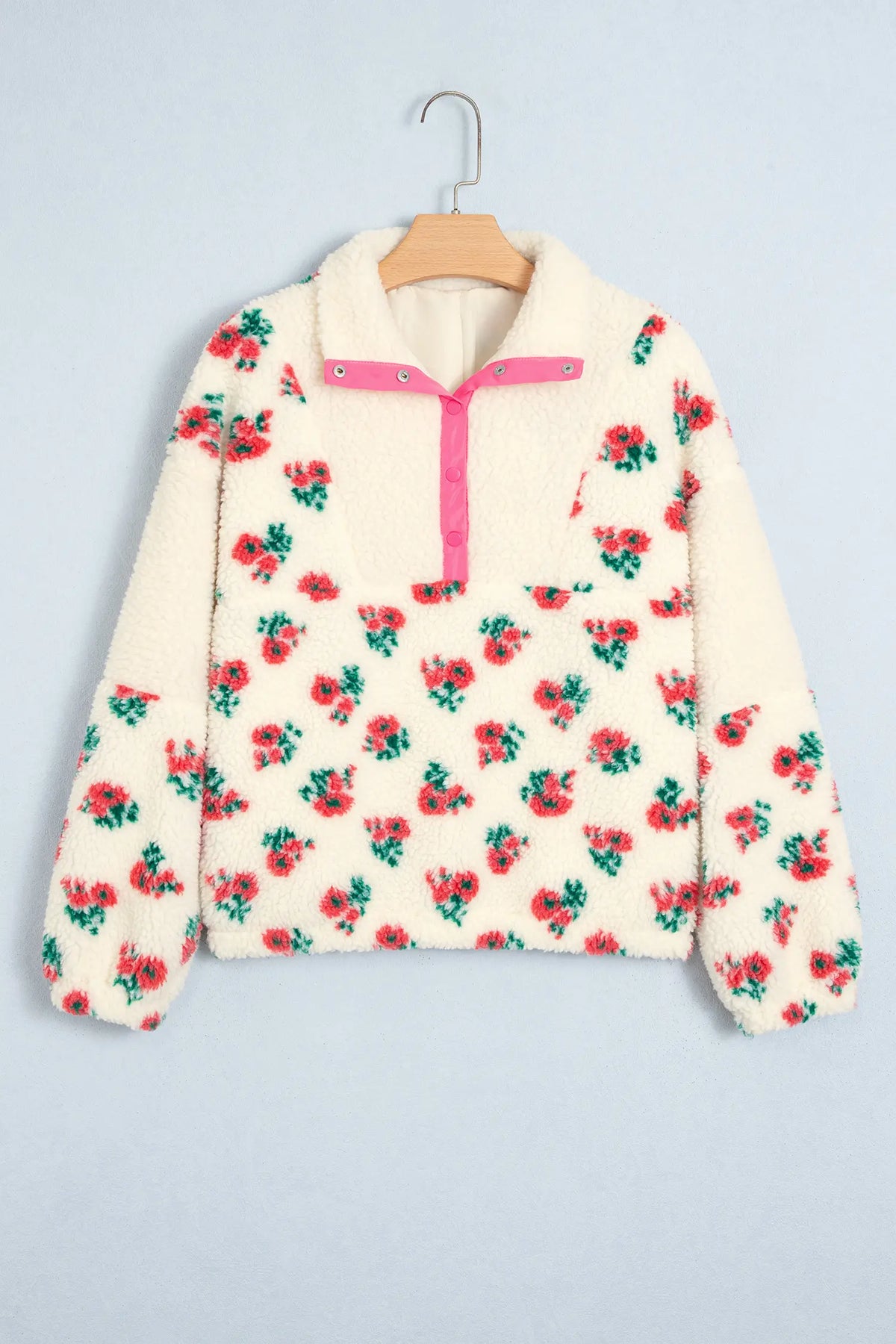 White Floral Print Fleece Contrast Trim Button Collar Sweatshirt