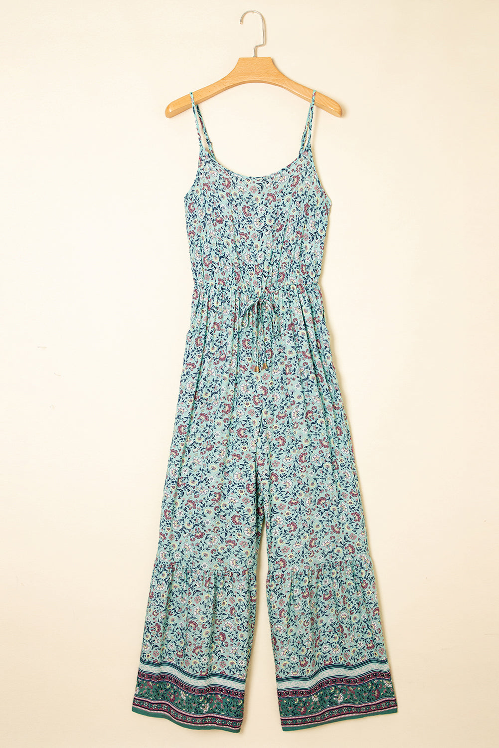 Bohemian Floral Ruffle Bottom Spaghetti Strap Jumpsuit eAura