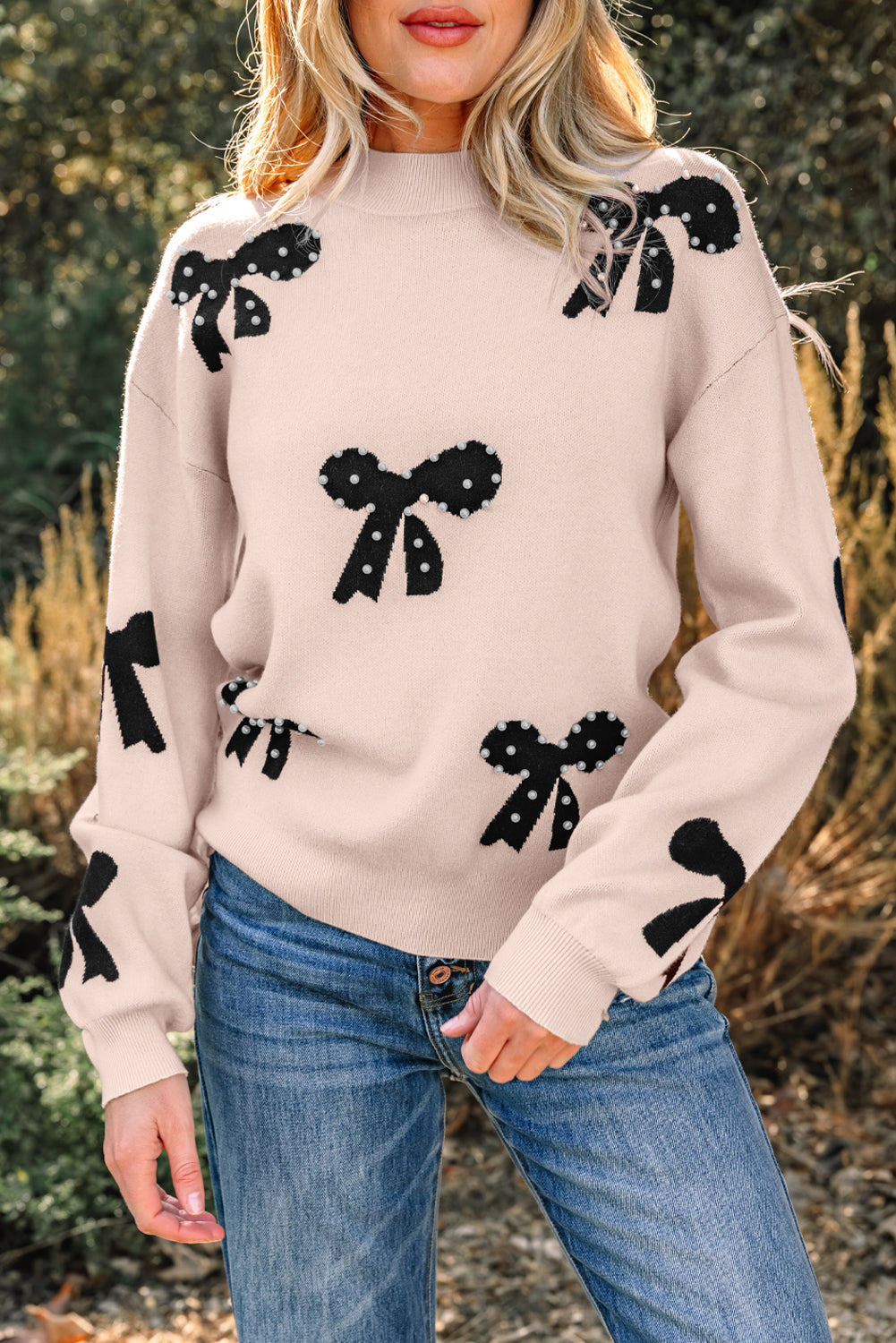 Pearl Embellished Bow Pattern Loose Sweater - eAura