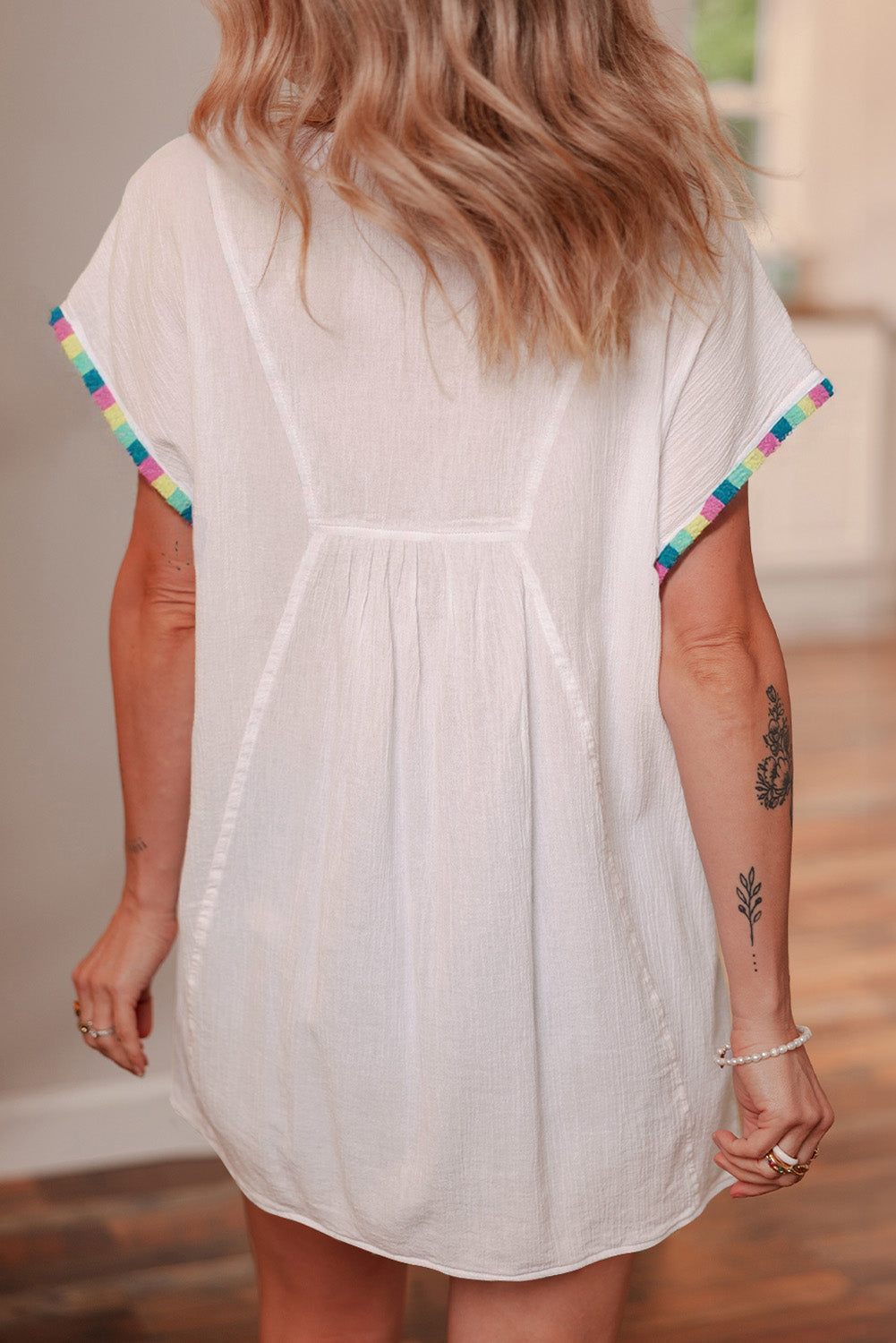 White Colourful Fringed Detail Tassel Tie Neck Short Sleeve Blouse eAura
