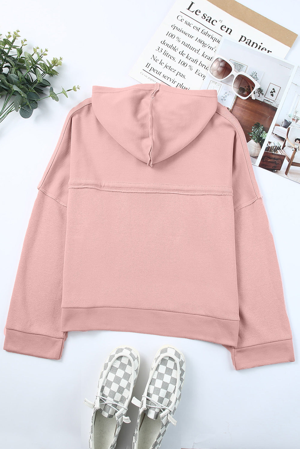 Pink Casual Button Solid Patchwork Trim Hoodie eAura