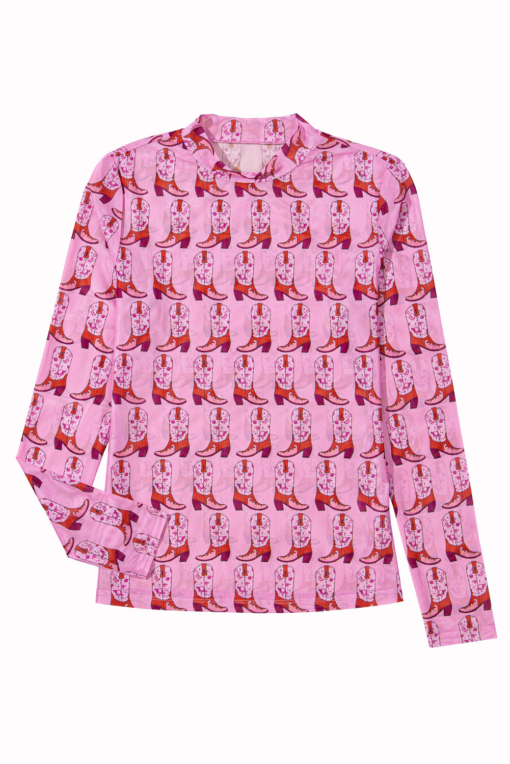 Pink Cowgirl Boots Printed Mock Neck Long Sleeve Mesh Top eAura