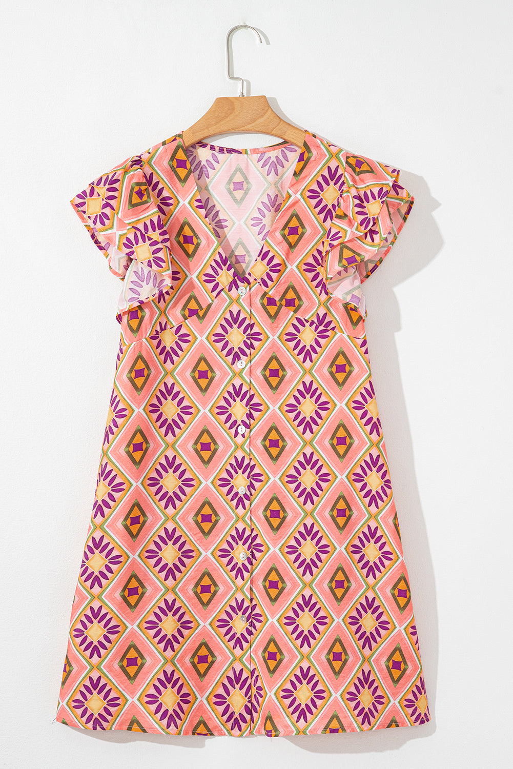 Orange Geometric Floral V Neck Buttoned Ruffled Sleeve Mini Dress eAura
