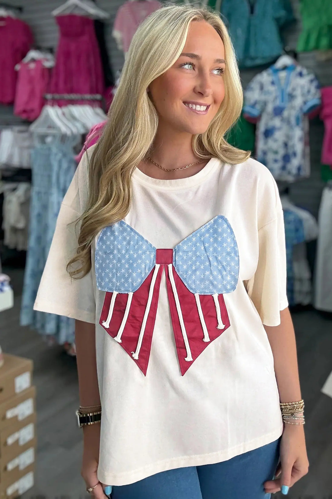 White Loose Knit Vintage Flag Bow Patched T-Shirt
