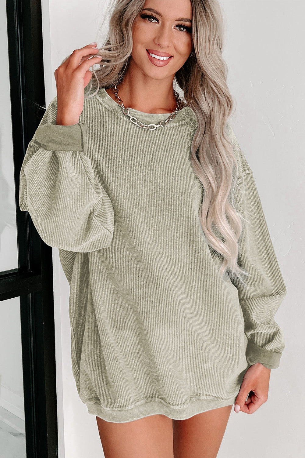Green Solid Ribbed Knit Round Neck Pullover Sweatshirt eAura
