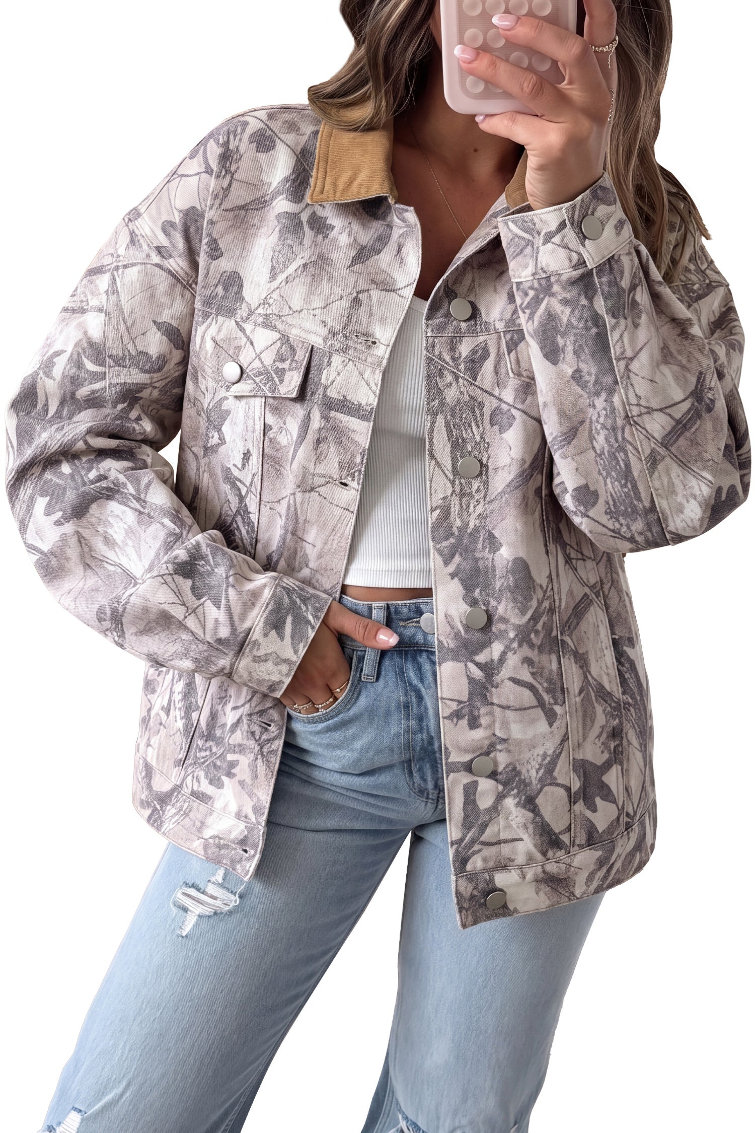 Abstract Camo Print Colorblock Collar Oversized Shift Silhouette Denim Jacket – Gray
