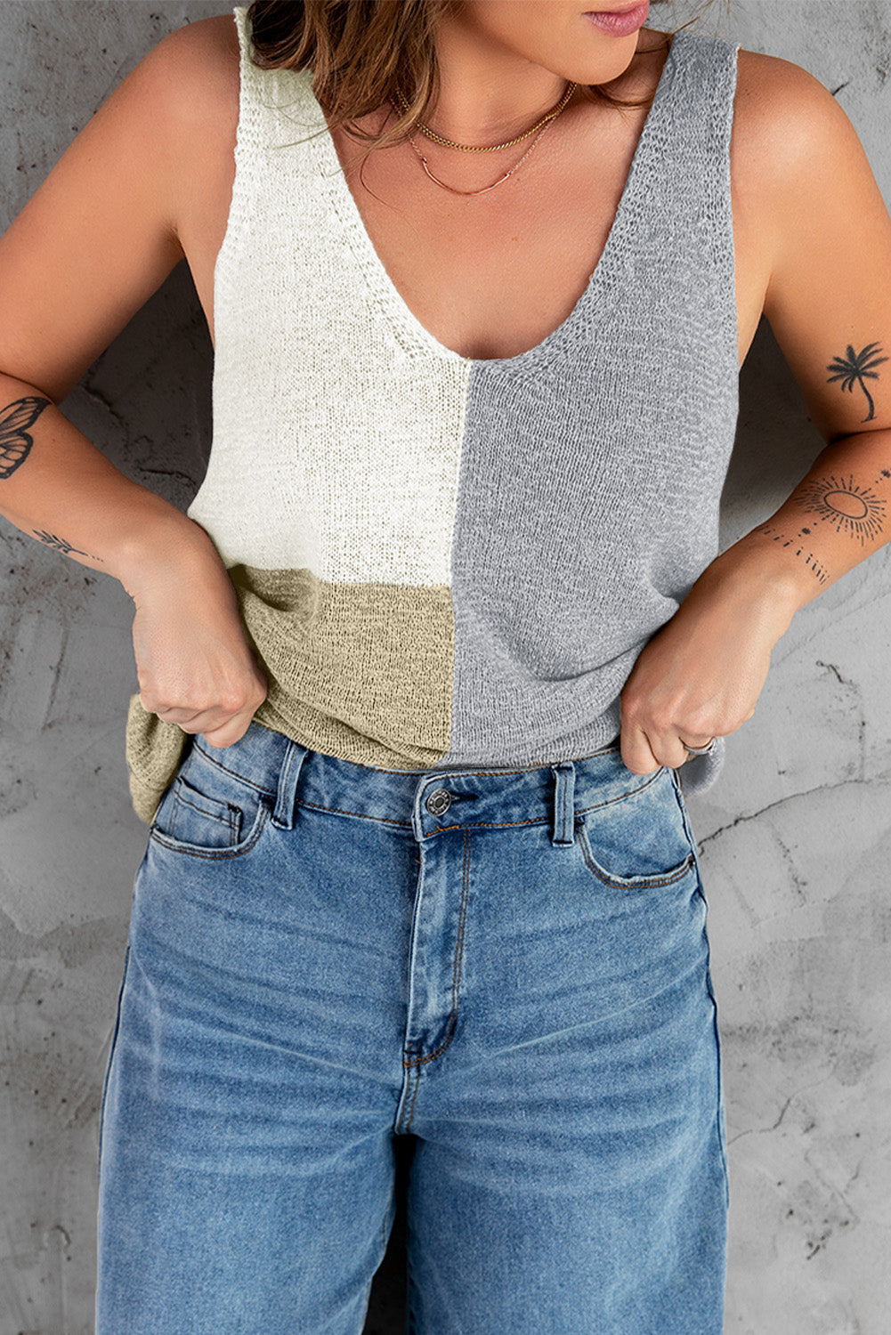 Grey Colour Block Knitted Tank Top eAura
