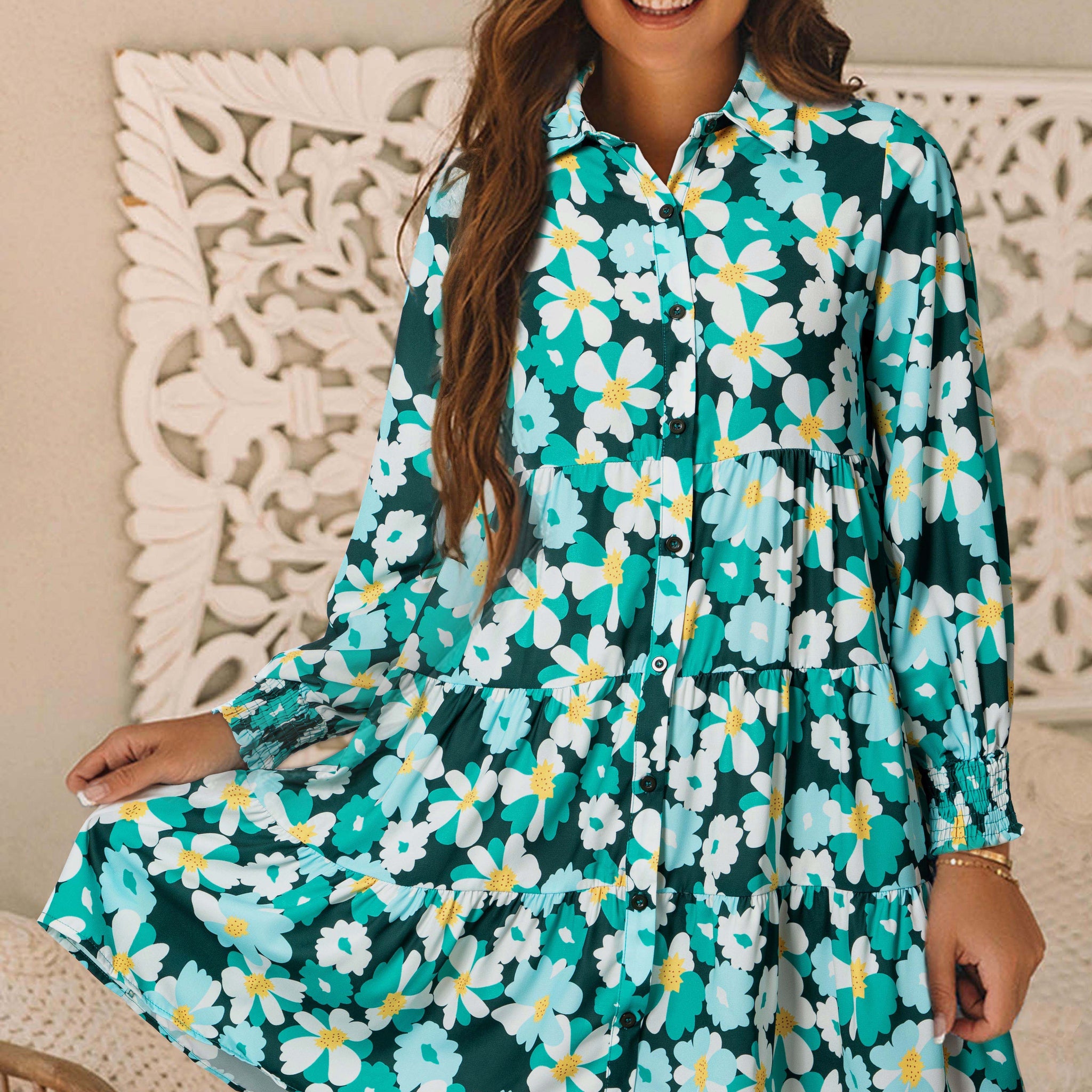 Green Floral Tiered Long Puff Sleeve Shirt Dress eAura