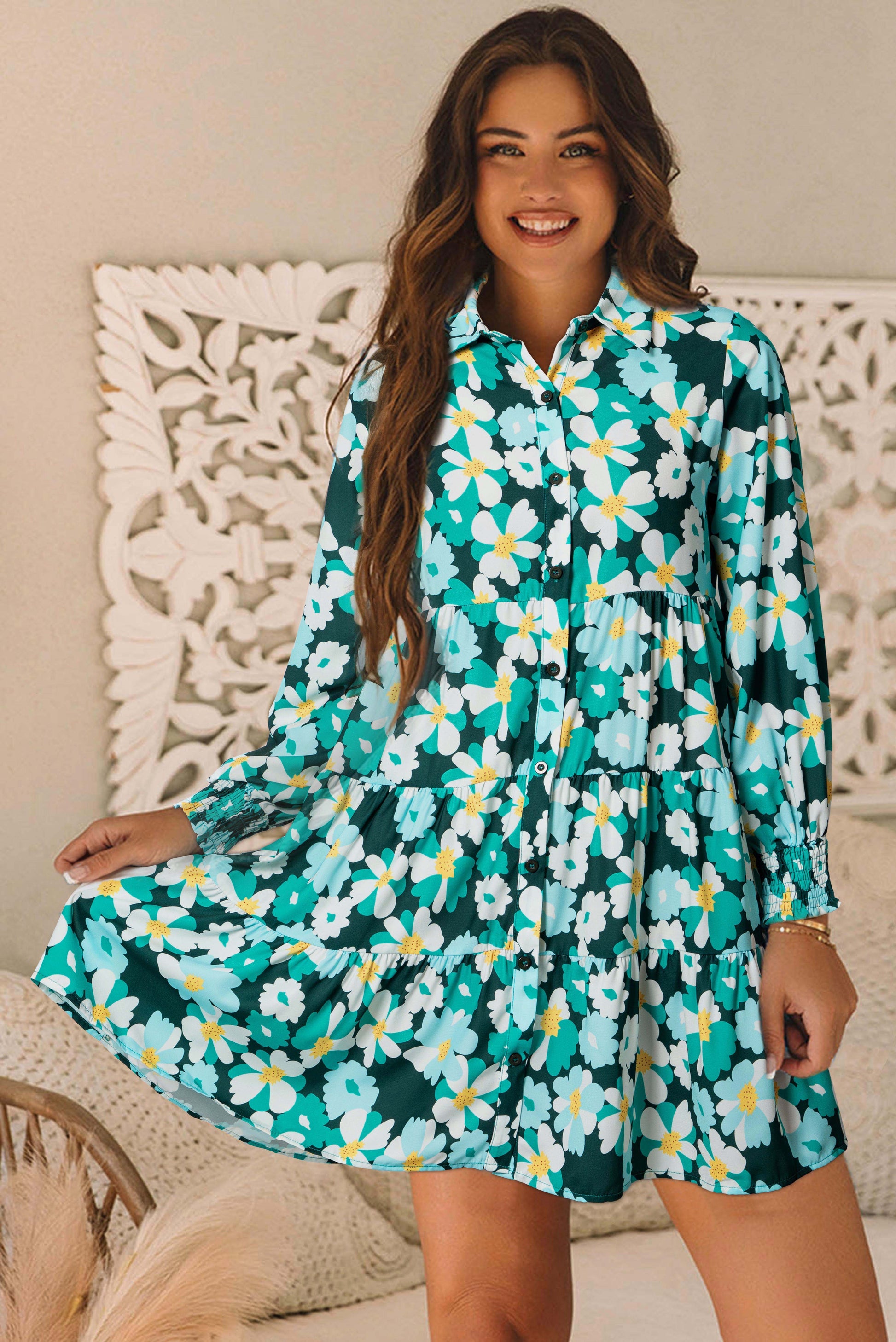Green Floral Tiered Long Puff Sleeve Shirt Dress eAura