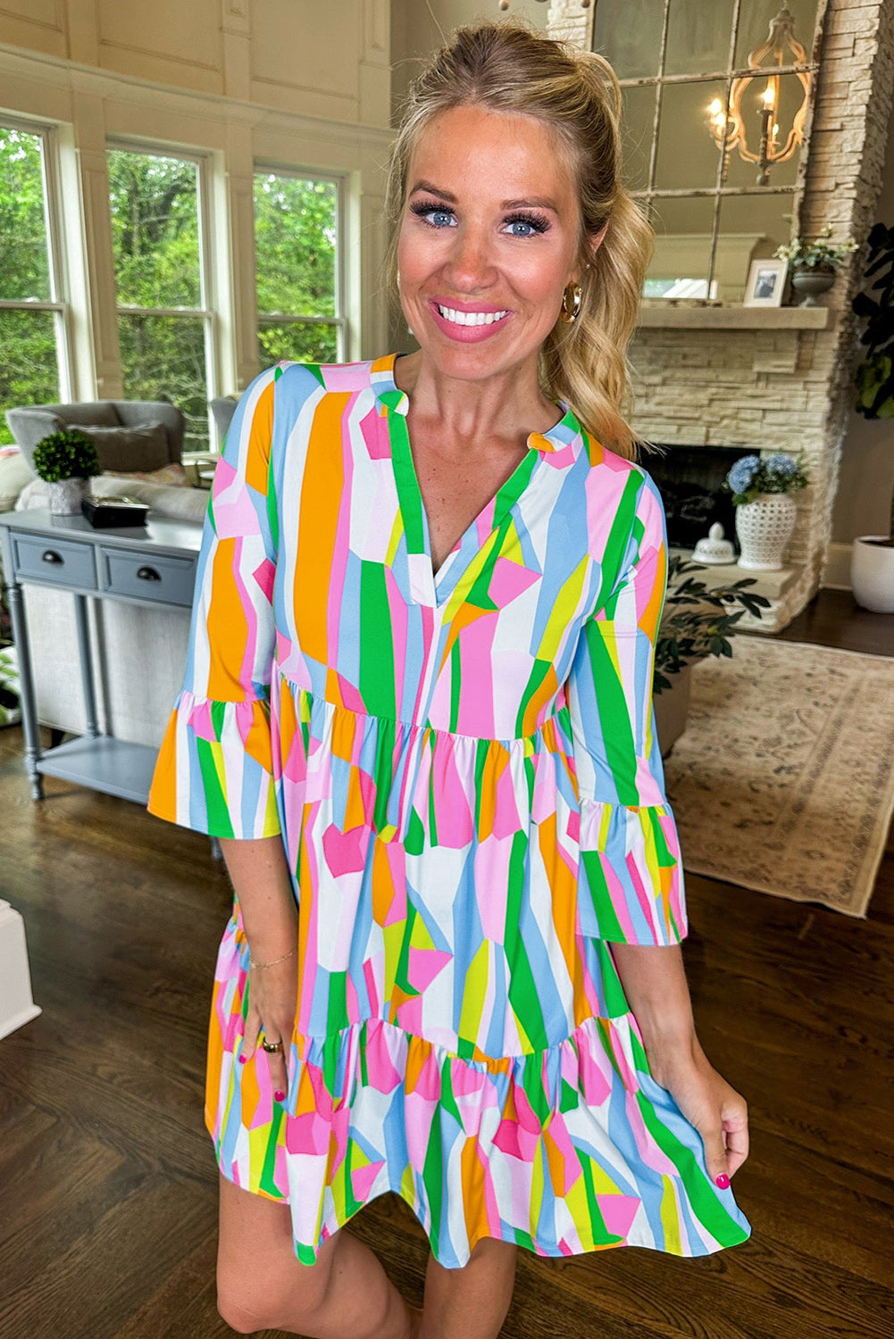Orange Abstract Print Ruffled Sleeve V Neck Dress eAura