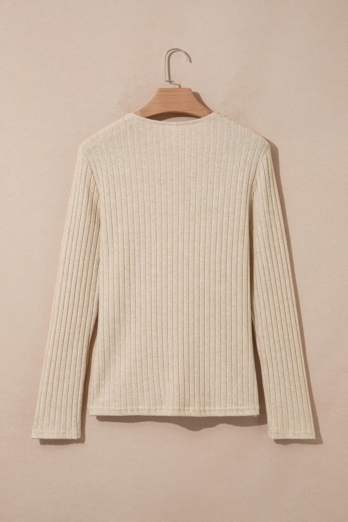 Apricot Solid Colour Ribbed Knit Cowl Neck Long Sleeve Top – Beige